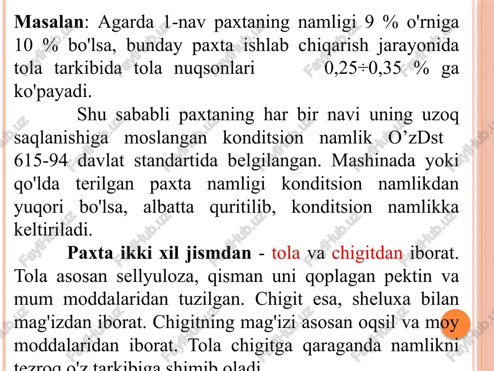 anoatida eng ko'p qo'llaniladigan sbo rusumli quritish barabanining texnologik sxemasi keltirilgan. 43-rasm. sbo rusumli quritish barabanining texnologik sxemasi 1-issiq havo uzatish quvuri; 2-pnevmota'minlagich; 3- quritish barabani; 4-tozalash seksiyasi; 5-ifloslik shnegi; 6-ishlatilgan havo chiqish shaxtasi; 7- baraban ichiga o'rnatilgan ko'rakchalar (loposti); 8 -nam paxtani baraban ichiga uzatuvchi moslama. sbo rusumli quritish barabanining texnik ko'rsatkichlari: 1.paxta bo'yicha ish unumdorligi, kg/soat..............................................10000 2. quritish agenti qarorati, 0s...........................................................250 gacha 3. tozalash seksiyasiga beriladigan quritish agentining qarorati, 0s............................................................................60÷80 4. namlik ajratish, kg/soat..............................................................700 gacha 5. mayda ifloslik bo'yicha tozalash samaradorligi, %....................40 gacha 6. 1 kg namlik ajratish uchun issiqlik sarfi, kdj/kg................................8500 7. quritish agentining sarfi, m3/soat..........................................18000÷20000 8. barabanning aylanish soni, ayl/daq.........................................................11 9. vintli konveyerning aylanish soni, ayl/daq..........................................155 10. elektromotorlarning umumiy quvvati, kvt......................................25,5 a) baraban uchun...................................................................13,0 b) vintli konveyeri uchun.....................................................1,5 v) vvd-8 ventilyatori uchun.............................................11,0 10. gabarit o'lchamlari, mm: a)baraban uzunligi........................................................10000 b)baraban diametri.........................................................3200 shnekli ta’minlagich sxemasi. 1-shaxta; 2-shnek; 3- elektrodvigatel; 4-issiq havo quvuri; 5-quritish barabani. pn