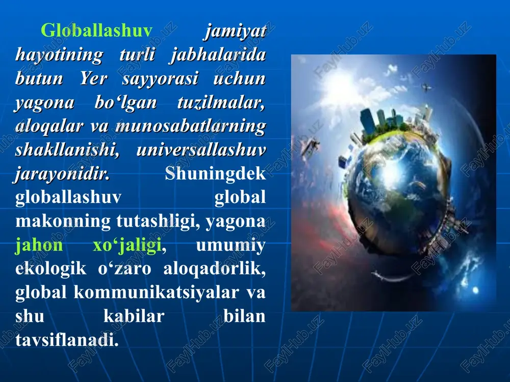 bo‘lishidan oldinroq o‘rin oldi. masalan, ijtimoiy rivojlanishga turli sivilizatsiyalarning oldinma-ketin almashishi sifatida qaragan ingliz tarixchisi a.toynbi (1889-1975) kompyuter inqilobidan ancha oldin «xx asrda umumjahon tarixi boshlandi» degan xulosaga keldi. hozirgi zamon nemis falsafasining atoqli namoyandasi k.yaspers (1883-1969) bu xususda yanada aniqroq fikr bildirdi. u 1948 yilda e’lon qilgan «tarix kurtaklari va uning maqsadi» asarida, jumladan, shunday deb yozadi: «ilk bor olamshumul ahamiyat kasb etgan bizning tarixan yangi sharoitimiz yerda odamlarning real birligidan iboratdir. zamonaviy aloqa vositalarining texnik imkoniyatlari sharofati bilan sayyoramiz insonga to‘la ochiq bo‘lgan yagona yaxlitlikka aylandi» global muammolarning mohiyati «hozirgi davrning global muammolari» tushunchasi 1960-yillar oxiri – 1970-yillarning boshlarida keng tarqaldi va shundan beri ilmiy va siyosiy muomala(leksikon) hamda ommaviy ongdan mustahkam o‘rin oldi. aksariyat hollarda u global sanalmagan voqealar va hodisalarga nisbatan qo‘llaniladigan atama sifatida ishlatiladi. bunday holga milliy va umumbashariy ahamiyatga molik voqealar tenglashtirilganida, masalan, muayyan bir mamlakatning ijtimoiy muammolarini nazarda tutib, ular «global» deb nomlangan …