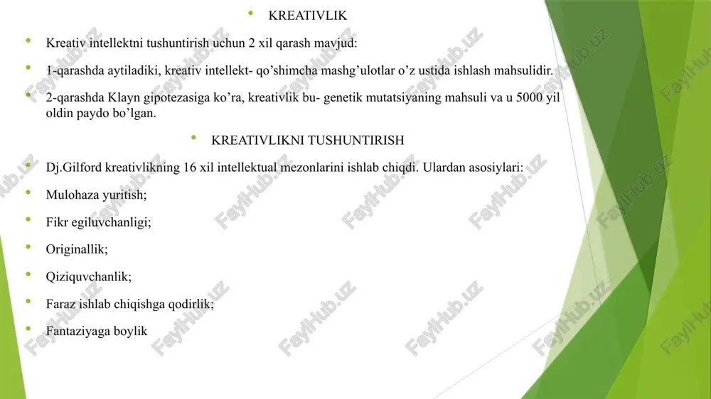 , ruhlantirishga qaratilmog’i kerak. “creato”-lotincha so’z bo’lib, yaratuvchanlik, ijodkorlik degan ma’noni bildiradi.“creato”–so’zi ma’nosi, ijodiy fikr, texnik loyiha, ijodkorlikka moyillik, o’quv –biluv jarayonida mas’uliyat, yaratuvchanlikkreativ pedagogika-ijodkorlik va yaratuvchanlik metodlarini yaratishnio’rganish tushuniladi. “creato” –so’zi ma’nosi, ijodiy fikr, texnik loyiha, ijodkorlikka moyillik, o’quv –biluv jarayonida mas’uliyat, yaratuvchanlik, kreativ pedagogika. demak… “creato” lotincha so’z bo’lib, yaratuvchanlik, ijodkorlik degan ma’noni bildiradi. ijodkorlik va yaratuvchanlik metodlarini yaratishni, o’rganishni kreativ pedagogika deyiladi. agar umumiy ta’lim maktablari birinchi, ikkinchi darajadagi bilimlarni o’rgatsa, oliy ta’lim uchinchi, oliy ta’limdan keyingi ta’lim to’rtinchi darajadagi, ya’ni ilmiy izlanish, magistratura, aspirantura, doktaranturalarda bilim berishni davom ettiriladi.shuni yodda saqlash kerakki, ijodkor yaratuvchi shaxsni tarbiyalash, fanga ma’lum bo’lgan bilimlarning o’zi bilangina kifoyalanmay, olingan, o’zlashtirilgan bilimlar zamirida yangi bilimlarni kashf etishlari bilan muhimdir. https://www.youtube.com/watch?v=zwjzfi4iase&list=ppsv ta’lim ilgaritdan ma’lum bo’lgan predmet “avval hunar o’rgat, keyin shogird o’z hoxishiga ko’ra nima qilsa qilaversin” yo’sinida ish tutish rasm bo’lgan. bunday holda bilim kontseptsiyasi to’rt bosqichda amalga oshiriladi: 1.bilim bilan tanishish, …