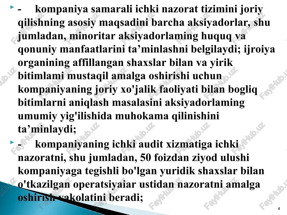 ashining majlisiga olib chiqadi; - hisobot yili davomida aksiyadorlik jamiyatida affiilangan shaxslar bilan tuzilgan bitimlar yoki yirik bitimlar mavjudligi, shuningdek, qonun hujjatlarining va kompaniya ichki hujjatlarining bunday bitimlami tuzishga doir talablariga rioya qilinishi to'g'risidagi xulosani aksiyadorlaming yillik umumiy yig'ilishiga olib chiqadi. * taftish komissiyasining son tarkibi aksiyadorlik jamiyati ustavi bilan belgilanadi va 3 (uch) kishidan iborat bo'ladi. taftish komissiyasi a’zolari aksiyadorlar umumiy yig'ilishi tomonidan 1 (bir) yil muddatga saylanadi. taftish komissiyasining a’zolari o'z majburiyatlarini tegishli tarzda bajarmasligi hollarida ularning vakolatlarini muddatidan ilgari tugatish aksiyadorlar umumiy yig'ilishi qaroriga ko'ra amalga oshiriladi. ayni bir shaxs taftish komissiyasi tarkibiga ketma-ket uch martadan ortiq saylanishi mumkin emas. * taftish komissiyasi a’zolarining ko'pchiiik ovozi bilan o‘z tarkibidan taftish komissiyasi raisini saylaydi. taftish komissiyasi raisi o‘z faoliyati davomida quyidagilami amalga oshiradi: - taftish komissiyasining ishini tashkil qiladi; - taftish komissiyasi majlislarini chaqiradi va otkazadi; - taftish komissiyasi majlislari bayonnomasini, kompani- yaning moliya-xo'jalik faoliyatini tekshirish yakunlariga ko‘ra …