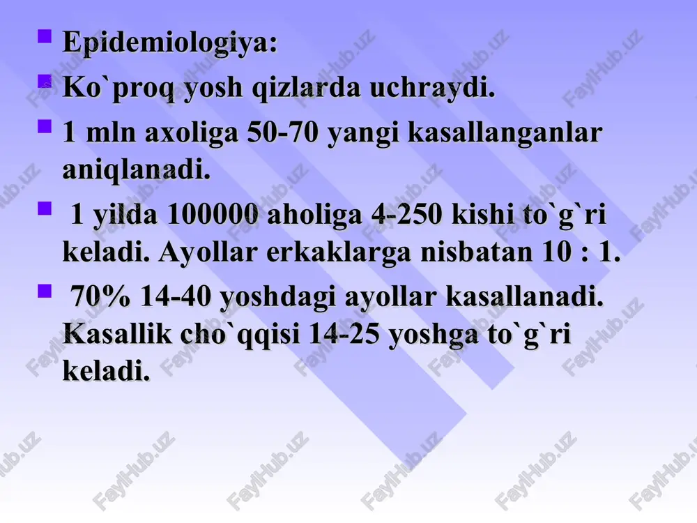aol kapalak simptomi ekssuda-tiv eritema teri purpurasi diskoid volchanka artralgiya poli-artrit poli-serozit plev-rit peri-kardit mio-kar-dit, endo-kar-dit pnevmo-nit pnevmo-fib-roz lyupus nef-rit (nefrotik sind-rom bilan, peshob sind-romi) meningoentsefalo-poli-radi-kulo-nevrit poli-neyro-patiya laborator tekshiruvlar qon umumiy tahlili peshob umumiy tahlili le hujayralar antinuklear antitanalar sik rf past titrlarda ekg exoks yurak-qon tomir, nafas, oshqozon-ichak, buyrak, markaziy asab tizimilarini laborator-instrumental tekshirish igg, igm qiyosiy tashxis tqb ga o`xshaydigan 40 ta kasallik mavjud, ayniqsa kasallik debyutida. 1. revmatoid artrit 2.utkir revmatik isita 3.tizimli sklerodermiya 4. tizimli vaskulitlar davolash glyukokortikosteroidlar intensiv terapiya puls terapiya kombinasiyalangan puls terapiya 4- aminoxinolin preparatlari delagil plakvenil yaqnv ekstrokorporal davolash usullari plazmaferez gemosorbsiya gemodializ tqbli bemorlarni davolashning dasturli usuli prognoz xozirgi kunda tkb ni prognozi ancha yaxshilandi. tashxis qo`yilgandan so`ng bemorlarnning xayoti davomiyligi 10 yildan so’ng 80%, 20 yildan so’ng –60%. lekin, tkb da o’lim ko`rsatkichi populyasiyada 3 marta yuqori. puc. 9.2. cucremnaa kpacnas bo4ahka j\uccemhhupobahhble oyarn puc. 9.3. cucremuas kpacnas bo4ahka tpoduyeckas …