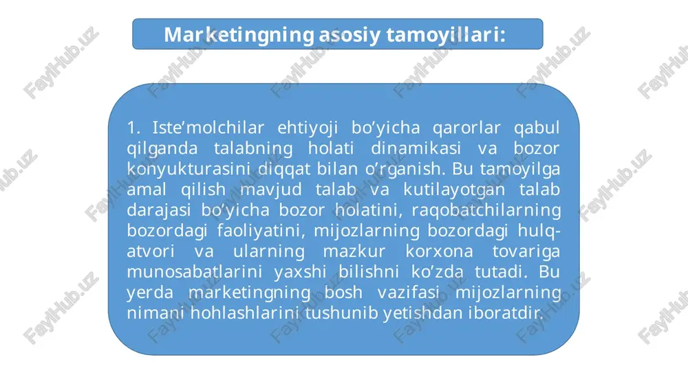 mahsulot hajmini oshirish hisobiga foyda olish iste’molchilar zaruriyati marketing tadbirlari kompleksi iste’molchilarning talabibi qondirish hisobiga foyda olish tijorat faoliyatini jadallashtirish va marketing konsepsiyalarining qiyosiy tavsifi 20 ko’pchilik hollarda tijorat faoliyatini jadallashtirish va marketing konsepsiyalarini bir-biri bilan chalkashtiradilar. marketing sohasi bo’yicha yirik mutaxassis t.levitt ularni bir-biridan quyidagicha farqlaydi: tijorat faoliyatini jadallashtirish konsepsiyasi - bu diqqat-e’tiborni sotuvchi zaruriyatiga qaratish, marketing konsepsiyasi esa butun diqqat-e’tiborni xaridorga qaratishdan iboratdir. 21 hozirgi kunda marketing amaliyotida ijtimoiy va axloqiy masalalarni hisobga olish zaruriyati ijtimoiy-axloqiy marketing konsepsiyasining rivojlanishini keltirib chiqardi. bugungi kunda atrof-muhitning ifloslanishi, aholi sonining tez sur’atlar bilan o’sishi marketingning ana shu konsepsiyasidan foydalanishni taqozo etadi. bu konsepsiya firmaning foydaliligi, iste’molchilar ehtiyojlarini qondirish darajasi va jamiyat manfaatlari kabi uch omilning o’zaro uyg’unlikda bo’lishini talab qiladi. ijtimoiy-axloqiy marketing konsepsiyasi u nafaqat bitta shaxsning, balki butun jamiyat extiyojlarini qondirishga qaratilgan. korxona foydasi, xaridor ehtiyojlari va jamiyat manfaatlarining o’ziga xos muvofiqlashuvi va o’zaro bog’lanishi sodir bo’ladi. 22 2. marketing …