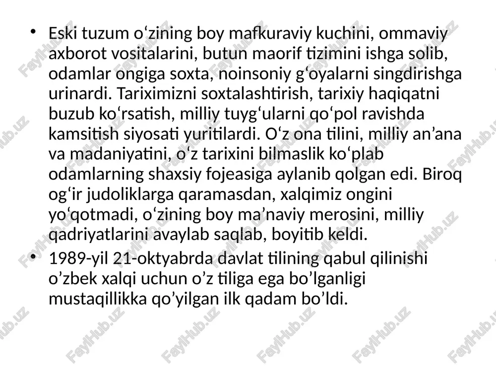 rganildi va tiklandi . xalqimiz ulardan bahramand bo‘lishga muyassar bo‘ldi . xalqimiz ma’naviyatining yulduzlari bo‘lgan buyo’q allomalarimizning tavallud topgan sanalari yunesko bilan hamkorlikda mamlakatimizda va xalqaro miqyosda keng nishonlandi . mamlakatimizda o‘zbek tilining xalq va davlat turmushidagi asosiy ahamiyati va o‘rni qayta tiklandi . o‘zbekiston respublikasi oliy majlisning iv- sessiyasi 1995-yil 21-dekabrda yangi tahrirda “ davlat tili to‘g‘risida”gi qonunni qabul qildi . qonunda o‘zbek tili o‘zbek xalqining ma’naviy mulki ekanligi , uning ravnaqi , qo‘llanilishi va muhofazasi davlat tomonidan ta’minlanishi belgilab qo‘yilgan . o‘zbekistonda oliy davlat hokimiyati , mahalliy hokimiyat va boshqaruv organlarining faoliyati , korxonalar , muassasalar va tashkilotlarning hisob-kitobi , statistika va moliya ishlari o‘z-bek tilida yuritilmoqda . diniy ibodatga e’tibor : mamlakatimiz xitoy , hindiston , eron , misr kabi qadimiy davlatlar qatorida turadi . milliy davlatchiligimiz qadimiy , diyorimiz yirik davlat arboblari bilan mashhur . bobomiz amir temur mamlakatimizni jahondagi eng qudratli davlat darajasiga ko‘targan . …