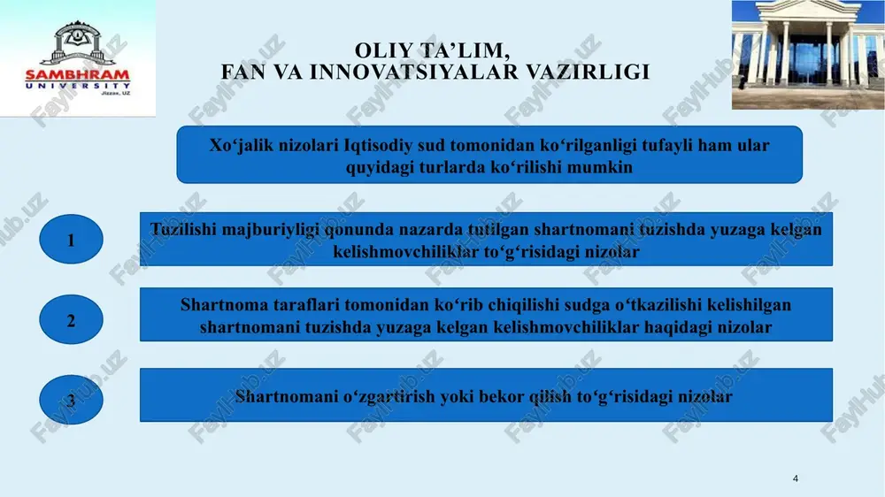zo oʻtkaziladigan joy va vaqt taraflar bilan kelishib belgilanadi 5 beshinchidan, har bir tarafning oʻzi nizoni hal etish uchun hakam tanlaydi va hokazo 15 oliy ta’lim, fan va innovatsiyalar vazirligi hakamlik sudining hal qiluv qarorida quyidagilar koʻrsatilishi kerak: 1). hal qiluv qarori qabul qilingan sana; 2). hakamlik muhokamasi oʻtkazilgan joy; 3). hakamlik sudining tarkibi; 4). hakamlik muhokamasining taraflari boʻlgan yuridik shaxslarning nomi va joylashgan yeri (pochta manzili), jismoniy shaxslarning familiyasi, ismi, otasining ismi, yashash joyi, hakamlik muhokamasi taraflari vakillarining vakolatlari koʻrsatilgan holda familiyasi, ismi, otasining ismi; 16 oliy ta’lim, fan va innovatsiyalar vazirligi hakamlik sudining hal qiluv qarorida quyidagilar koʻrsatilishi kerak: 1). hal qiluv qarori qabul qilingan sana; 2). hakamlik muhokamasi oʻtkazilgan joy; 3). hakamlik sudining tarkibi; 4). hakamlik muhokamasining taraflari boʻlgan yuridik shaxslarning nomi va joylashgan yeri (pochta manzili), jismoniy shaxslarning familiyasi, ismi, otasining ismi, yashash joyi, hakamlik muhokamasi taraflari vakillarining vakolatlari koʻrsatilgan holda familiyasi, ismi, otasining ismi; 5). …