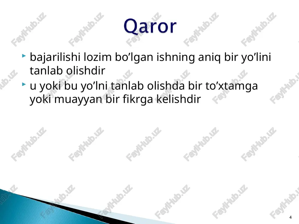 tushlik vaqti, ish haqini to’lash muddatlari va boshqa tanaffuslar. maxsus qarorlar tor doiradagi muammoga taalluqli bo’lib, korxonaning muayyan bir bo’limi yoki bir guruh xodimlari yuzasidan qabul qilinadi. * stereotip qarorlar odatda qat’iy yo’riqnomalar, me’yoriy hujjatlar doirasida qabul qilinadi. bunday qarorlar ba’zan kundalik, ba’zan masalalar bo’yicha qabul qilinadi, lekin o’zgarishlar asosan muddatlarga, ayrim sifat parametrlariga, ijrochilarga taalluqli bo’ladi. tashabbusli qarorlar o’z tavsifiga ko’ra novatorlik mazmuniga ko’ra esa istiqbolni nazarda tutadigan qarorlardir. bunday qarorlar vaziyatni sinchkovlik bilan batafsil o’rganishni, maxsus kuzatuv materiallariga asoslanishni, maxsus hisob-kitoblarning amalga oshirilishini talab qiladi. an’anaviy qarorlar – bu odatiy vaziyatlarda qabul qilinadigan qarorlardir. ularning amal qilish doirasi oldindan ma’lumdir. bunga, korxona yoki firmaning ishlab chiqarish dasturini qabul qilishga oid qilingan qarorlar misol bo’la oladi. tavsiyali qarorlar o’z mohiyatiga ko’ra tashabbusli qarorlarga yaqin bo’lib, ularda korxona faoliyatini yaxshilash borasidagi tavsiyalar o’z aksini topadi. aniq qarorlar to’la-to’kis axborot mavjud bo’lgan holdagina qabul qilinadi. shu sababli, bunday qarorlarning amalga oshish …