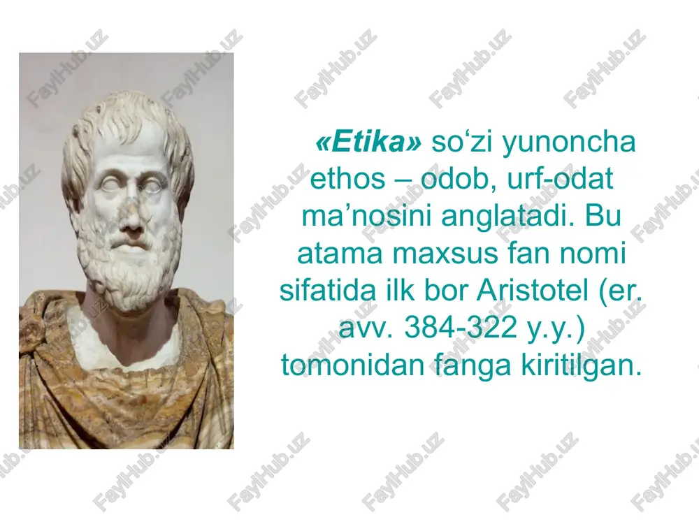 laydigan, boshqa narsa uchun uni tanlamaydigan» axloqiy tushunchadir. . odob – inson haqida yoqimli taassurot uyg‘otadigan, lekin jamoa, jamiyat va insoniyat hayotida u qadar muhim ahamiyatga ega bo‘lmaydigan, milliy urf-odatlarga asoslangan chiroyli xatti-harakatlarni o‘z ichiga oladi. xulq – oila, jamoa, mahalla-ko‘y miqyosida ahamiyatli bo‘lgan, ammo jamiyat va insoniyat hayotiga sezilarli ta’sir ko‘rsatmaydigan yoqimli insoniy xatti-harakatlarning majmui. axloq esa – jamiyat, zamon, insoniyat tarixi uchun namuna bo‘la oladigan ijobiy xatti-harakatlar yig‘indisidir. axloqning tarkibini quyidagi qismlar tashkil etadi: axloqiy ong - vojiblik (luzumiylik), ezgulik, adolat haqidagi g‘oyalar, tasavvurlar, qarashlar, nazriyalar majmui. axloqiy ongning tarkibini quyidagi shakllari tashkil etadi: axloqiy normalar, axloqiy an’analar, xulqlar, axloqiy odatlar, axloqiy marosimlar, axloqiy his-tuyg‘ular, axloqiy e’tiqodlar, axloqiy sifatlar, axloqiy qarashlar, axloqiy ideallar, axloqiy hukmlar. axloqiy munosabatlar – axloqiy norma va prinsiplar asosida kishilar o‘rtasida amal qiladigan aloqalar. axloqiy praktika (amaliyot) – axloq normalarining hayotda bevosita amalga oshirilishi, bajarilishi. axloq funksiyalari : regulyativ funksiya – eng asosiy funksiya …