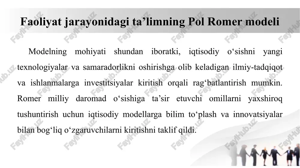 ik. ushbu holatni yakuniy mahsulotda ham ko‘rib chiqish mumkin. bu holdailmiy texnik taraqqiyot gorizontal ta’siri mahsulot turini (assortmenti) ko‘payishiga, vertikal ta’siri mahsulot sifatini o‘zgarishi olib keladi. ushbu jarayonni o‘rganishda grossman va helpman modelidan foydalanish mumkin. grossman va helpman ushbu jarayonni “jahon iqtisodiyotida innovatsiya va o‘sish” (1991) nomli kitobida keng yoritilgan. mahsulot sifatining o‘zgarish model bu mintaqada ham ta’lim tizimidagi yetarlicha islohotlar va mehnat bozoridagi moslashuvchanlik yetishmovchiligi sababli, ayrim sohalarda ishchi kuchi va malaka o‘rtasida katta nomuvofiqlik kuzatiladi. natijada, iqtisodiy o‘sish potentsiali to‘liq amalga oshirilmay qolishi mumkin. biroq, hindiston kabi mamlakatlarda it va xizmat ko‘rsatish sohalarida nisbatan muvaffaqiyatli yechimlar ham mavjud ekanligini ta’kidlash zarur. mahsulot sifatining o‘zgarish model modelning asosiy jihati shundaki, unga iste’molchi nafliligi funksiyasi kiritilgan. ushbu jihat modeldan xulosa chiqarishga yordam beradi. iste’molchi nafliligi nafaqat hajmidan, balki uning tarkibidagi mahsulot turi, sifatini o‘zgarishini o‘z ichiga oladi. shuning uchun modelga iste’mol tovarlari hajmini o‘rniga, mahsulot turini inobatga oluvchi iste’mol indeksi …