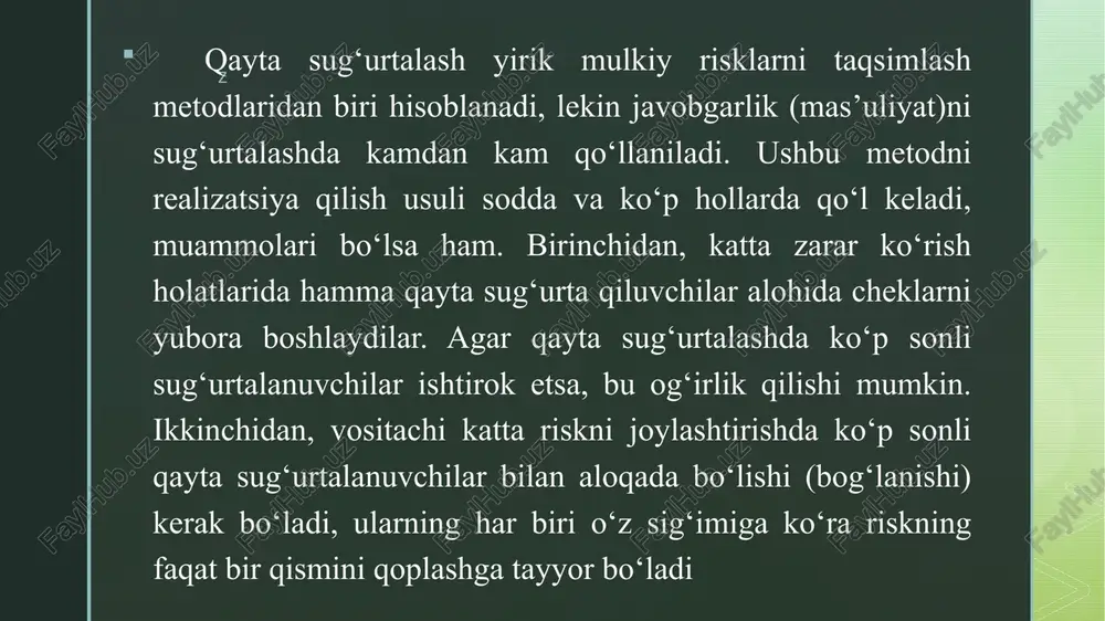 a ¥ sug’ urtalovehi (qayta sug’urta qiluvchi yoki sedent) j qayta sug’ urta qilish(sessiya) i qayta sug’ urtalovehi (sessioner) i qayta sug’yrta qilish(retrosessiya) | ikkinchi va hosqa qayta sug’ urtalovchilar(retrosessioner) kaira cyrypra xyunan pao smusrrnnr xykykitit aco caph —) | va6exnctox pecny6mmkacuhhet ykapomnkk koyekch —) | «cyrypta aomman tyrpucuzayrn y¥sgexncton pecnygnuxachhmat kohyhh vs6exucton © pecny6mmxacu ~= momus. basupnurnauer 2008 iim 22 anpenzarn 4l-cox gylipyru guan tacuuknanran ba aamua sasupsuruga 2008 iin 12 waiina 1806-con guan napnat pyiixarura ommran «cyrypranopumap ba kaira cyfypranopunnapauar tynob koommeath ‘tyepucuaarmy husomh /docprops/thumbnail.jpeg qayta sug‘urta qilish asoslari e.anozimos