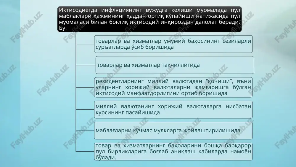 quyidagicha bo'ladi: ma'muriy — ma'muriy-boshqaruvli narxlar natijasida hosil bo'ladigan inflyatsiya kreditli - ortiqcha kredit ekspantsiyasi oqibatidagi inflyatsiya inflyatsiya davomiyligiga qarab quyidagicha bo'ladi: surunkali inflyatsiya stagflyatsiya - inflyatsiya ishlab chiqarishning pasayishi bilan birga yuz beradi stagnatsiya+inflyatsiya=stagflyatsiya 3. inflyatsiyaning vujudga kelish sabablari inflyatsiya – pul muomalasi qonunining buzilishi, iqtisodiyotda tovar massasi hamda pul massasi o'rtasidagi nomutanosiblik jarayonida vujudga keladi. ta'sir quluvchi omillar: ichki omillar tarkibiga ortiqcha pul massasi vujudga kelishi, milliy valyutaga nisbatan ishonchning pasayishi, mamlakatning nomutanosib to'lov balansi kabilarni kiritish mumkin. tashqi omillarga mamlakat tashqi siyosatining beqarorligi, iqtisodiy inqirozlar, moliya va fond bozorlarida indekslarning o'zgarishi kabilarni keltirish mumkin. 3. inflyatsiyaning vujudga kelish sabablari: birinchi sabab – mamlakatda bozor mexanizmlarining to'liq joriy etilmasligi, davlatning byudjet daromadlari va xarajatlari ustidan monopol tartibini joriy etishi hisoblanadi. ikkinchi sabab – asossiz ravishda ish haqi va boshqa to'lovlarning oshirilishi, ushbu to'lovlar davlat byudjeti xarajatlari tarkibida qo'zda tutilmagan bo'lsa, muomalaga qo'shimcha emissiya hisobiga amalga oshiriladi uchinchi sabab …