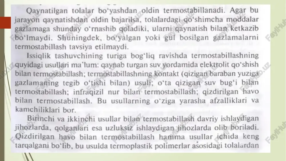 sh mashinasi. yuvilganda, ho‘llanganda, ho‘llab dazmollanganda, nisbiy namligi katta bo‘lgan havoda saqlanganda materiallarning o‘lchovlari o‘zgaradi. ana shunday o‘lchovlarning o‘zgarishi materiallarning kirishishi deb ataladi. bu jarayonda ko‘pincha materiallarning o‘lchovlari kichrayadi. bu_ holdagi kirishish musbat kirishish deb ataladi. ayrim materiallarning o‘lchovlari oshadi. shunday kirishish manfiy kirishish deb ataladi. to‘quvchilikda materiallarga namlab-isitib ishlov bergan paytda ham uning o‘lchovlari kichrayadi (kirishtirib dazmollash jarayoni) yoki oshadi (cho‘zib dazmollash jarayoni). namlab isitib ishlov bergandagi kirishish majburiy-kirishish deb ataladi. majburiy larishtirish yordamida to‘quvchilik buyumlariga ma’lum kerakli shakl beriladi. majburiy kirishtirish yordamida to‘quvchilik buyumlariga ma’lum kerakli shakl beriladi. majburiy kirishtirishdan boshqa larishishlar materiallarning salbiy ko‘rsatkichlaridir. materiallarning larishishi natijasida ulardan tikilgan buyum va buyum qismlarining kichrayishi va shakli buzilishi mumkin. agar buyumning asosiy ma- teriali, astari va qatlami turlicha kirishsa, kiyimning tashqi ko‘rinishi yomonlashadi, unda g‘ijimlar va burmalar paydo bo‘ladi. kirishishiga ko‘ra to‘quvchilik materiallari uchta guruhga bo‘linadi (1.6-jadval). 1.6-jadval kirishish meyorlari kirishish me’yorlari, foizda t/ materiallar trikotaj | tanda …