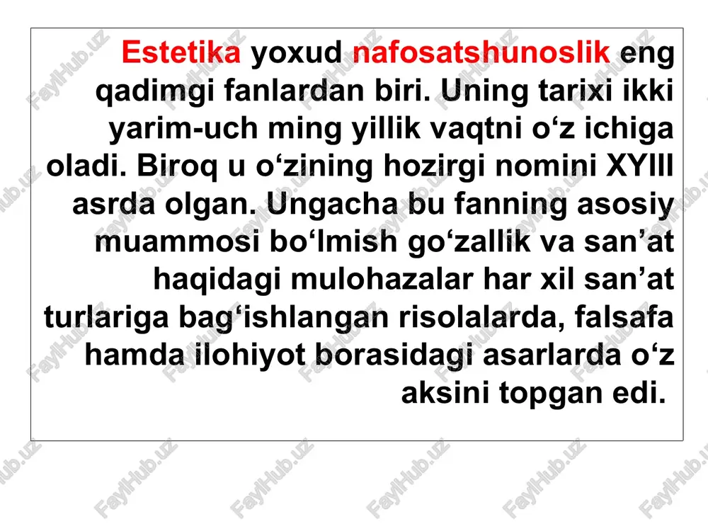 salarni, qadriyatlarni idrok etish, baholash, yaratish jarayonida ob’ekt va sub’ekt o‘rtasida vujudga keladigan hissiy-ma’naviy, beg‘araz-samimiy aloqalari, ta’sirlarga aytiladi. estetika kategoriyalari estetika kategoriyalari voqelikning belgilarini, aloqalarini tomonlarini, o‘ziga xos bo‘lgan estetik xususiyatlarini aks ettiruvchi tushunchalardan iborat. estetikaning go‘zallik, xunuklik, ulug‘vorlik, tubanlik. tragiklik, komiklik, estetiklik, badiiylik, dramatiklik, tragikomiklik, qahramonlik kategoriyalari mavjud. estetika kategoriyalari o‘zaro bir-biri bilan aloqadadir. ular bir-birini to‘ldiradi va rivojlanishiga ko‘maklashadi. falsafa kategoriyalari ob’ektiv borliqning eng umumiy tomonlarini o‘rgansa, estetika kategoriyalari esa o‘sha borliqning estetik xususiyatlarini ochib berish uchun xizmat qiladi. kategoriya (gr. kategoria-ko‘rsatma, guvohlik) estetikada asosiy tushunchalar bo‘lib, bu tushunchalar voqelikning estetik xossalarini, sifatlarini, tomonlarini, munosabatlarini estetik bilish mohiyatini ifodalaydi. estetika kategoriyalar sistemasi ham estetika fanining nazariy ravnaqiga mos ravishda yangicha tushunchalar bilan doimo boyib boradi. shunday qilib estetika kategoriyalari olamni estetik bilish bosqichlari bo‘lib insonni estetik tarbiyalashda vazifasi ulkandir. bugungi kunda go‘zallik – ulug‘vorlik – fojiaviylik – kulgililik; estetik ideal – estetik did – estetik tuyg‘u; san’at – …