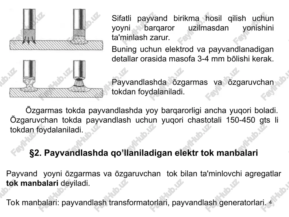 . portlamasligi uchun ballon ichiga asetonga tōyingan g’ovakli massa (kōmir) solingan bōladi. sac2+ 2h20  ca(oh)2 + s2n2. 1 kg kalsiy karbididan 230-300 litr atsetilen gazi olinadi. kalsiy karbiddan asetilen olish uchun mahsus apparatlar - asetilen generatorlardan foydalaniladi. kislorod havo rangiga bōyalgan hajmi 40 litr, bosimi 15 mpa maxsus kislorod ballonlarda saqlanadi. kislorod havoni 20 mpa bosimda suyultirish natijasida olinadi. –2000c temperaturada havo suyuq holga ōtadi. keyin temperatura kōtarila boshlaydi, –1960c havodan azot bug’lanib ketadi, qolgan kislorod –1830c da bug’lanadi. payvandlash gorelkalarda yonuvchi gaz bilan kislorodni kerakli mikdorda aralashtirib zarur quvvatli alanga hosil bōladi. kislorod katta bosim bilan injektordan ōtadi va asetilenni aralashtirish kameraga sōrib oladi. gorelkaning uchiga har xil rusumli uchliklar ōrnatiladi. ular payvandlanadigan metall qalinligiga qarab tanlanadi. payvand gorelkaga beriladigan bosimni pasaytirish va shu bosimni saqlash uchun ballonlar ustiga reduktorlar ōrnatiladi. ular kislorod ballondagi 15 mpa bosimini 0,1-0,5 mpa gacha, asetilen ballondagi 1,6 mpa bosimini 0,01-0,15 mpa gacha …