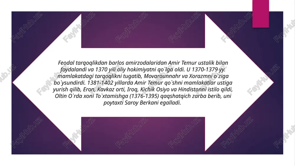 zning bu merosni o`rganmasdan, tariflamasdan, targ`ibot qilmasdan haqqimiz yo`q. shuning uchun ham mana shu minbardan turib, butun o`zbekiston xalqiga, qolaversa, butun jahon ahliga qarata «amir temur bizning faxrimiz, iftixorimiz, g`ururimiz!», - deb aytsam, o`ylaymanki, xato qilmagan bo`laman». sohibqiron amir temurning 660 yillik yubileyi 1996 yil 21-24 aprel kunlari frantsiya poytaxti parij shahrida yunesko tashabbusi va rahbarligida nishonlandi, unda o`zbekiston respublikasi prezidenti i.karimov ishtirok etdi va katta nutq so`zladi. 1996 yilning 18 oktyabr kuni ulug` bobokalonimiz, buyuk davlat arbobi va yengilmas sarkarda amir temur yodi xotirasiga atab sharq milliy ma`morchiligining noyob namunasi sifatida bunyod etilgan – temuriylar tarixi davlat muzeyining tantanali ochilish marosimi bo`ldi amir temur buyuk sarkarda, kuragi yerga tegmagan, yengilmas fotihdir. amir temur – insoniyat tarixida eng nodir hodisa – renessensni yuzaga chiqarib, amalga oshirgan ulug` zotdir! «tarixi arba ulus» mirzo ulug`bekning ilmiy rahbarligi va shaxsan ishtirokida 1425 yilda yozib tamomlangan. unda xiii-xiv asrlarda mo`g`ul imperiyasi tarkibiga kirgan mamlakatlar …