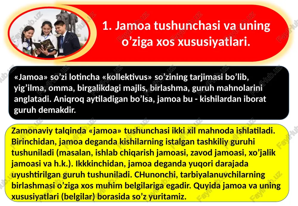’rsatadi. maktab yoki sinfdagi rasmiy va norasmiy tuzilmalar bir-biriga muvofiq bo’lganda jamoaning rasmiy yetakchilari norasmiy munosabat­lar tizimida ko’zga tashlangan o’rinni egallagan holdagina u chinakam jamoa bo’la oladi. shuningdek, norasmiy guruhlar (mikroguruhlar) umumjamoa ijtimoiy manfaatlari uchun kurashuvchi guruh­lar bo’lganda jamoa o’zining chinakam jamoa tarzida namoyon etishi mumkin. yashash joylarida o’zaro birikkan bolalar guruhlari qanchalik ahil va inoq munosabat zaminida tashkil topgan bo’lmasin, haqiqiy jamoa bo’la olmaydi. chinakam jamoa ijtimoiy ahamiyatga moyillik faoliyatini tashkil eta olishi, jamoa ahzolari o’rtasida ijtimoiy ahamiyatli faoliyat, maqsad, ishchanlik xarakteridagi aloqa va munosabatlarni o’rnata olishi lozim. jamoaning majburiylik belgisi unga pedagogik rahbarlikning bo’lishidoir. jamoa va uni shakllantirish pedagogik faoliyatning maqsadi hisoblanadi. namuna ko’rsatish uni shakllantirish vositasi bo’lib, uning yordamida jamoaning barcha yoki har bir ahzosini tarbiyalash yaxshi samara beradi. jamoaning yetakchi tarbiyaviy vazifasi shaxsni har tomonlama tarbiyalash, unda ijobiy sifatlarni hosil qilish, mus­tahkam hayotiy pozitsiyani qaror toptirishdan iboratdoir. umumiy o’rta ta’lim hamda yangi turdagi ta’lim muassasalarida jamoani …