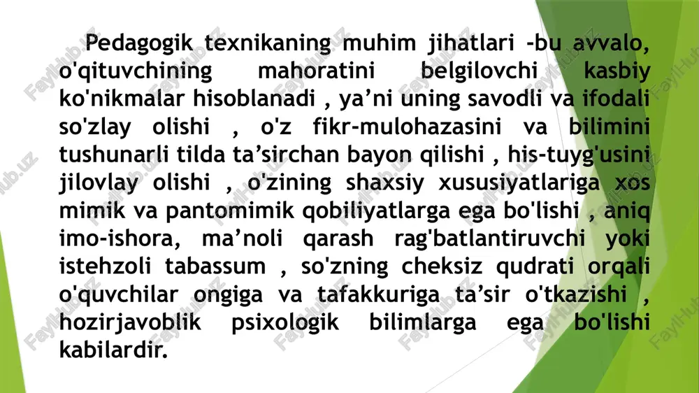 ilimlari: ta’lim va tarbiya jarayoni mohiyatini bilishi, pedagogik va psixologik bilim asoslarini egallashi, o'quvchilarning yosh xususiyatlariga asosan psixologik imkoniyatlarini anglashi, tarbiyaviy ta’sir etishning samarali usullaridan oqilona foydalana olishi, otaonalar va jamoatchilik bilan olib boriladigan faoliyat mazmunini puxta bilishi. 3. kasbiga xos hislatlari: milliy mafkura, umuminsoniy qadriyatlar, milliy an’ana va urf-odatlarning asl mohiyatini tushunishi, kuzatuvchanligi, pedagogik qobiliyatga egaligi,o'zini qo'lga ola bilishi, o'zini anglay olishi, pedagogik takt, nutq madaniyati. 4. shaxsiy pedagogik uddaburonligi: dars mashg'ulotlarida zarur materiallami tanlay olishi, o'quvchilarning bilish faoliyatini boshqarishi, ta’lim-tarbiya jarayonini istiqbolli rejalashtirishi, o'quvchilar jamoasini boshqara olishi. 5. tashkilotchilik malakalari: o'quvchilar jamoasini uyushtira bilishi, turli ziddiyatli vaziyatlarda ham o'quvchilar jamoasini boshqarishi, amaliy muammolarni hal etishda uddaburonligini namoyish eta olishi. 6. kommunikativ malakalari: o‘quvchilarni o'ziga jalb etishni bilishi, o'quvchilar va ota-onalar bilan maqsadga muvofiq pedagogik muloqotlarni tashkil qilishi, o'quvchilarning jamoada o'zaro munosabatlarida bir xil muvozanatni tartibga solishi. 7.psixologik malakalari: o'quvchilarning asab psixik holati darajasini aniqlay olishi, o'z pedagogik faoliyati …