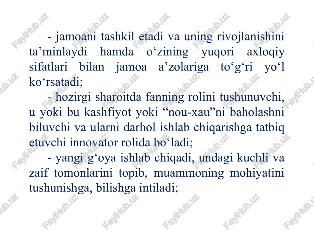 alib turishi lozim image1.emf image2.png image3.png menejerning samarali faoliyati ilmiy bilim- lar odob-axloq qoidalari o‘z tajri- balariga ishonishi amaliy ko‘nikmalar, qobiliyat boshqaruv san’ati tahlil, tashhis, loyihalashtirish menejerning samarali faoliyati formulasi yugori darajadagi menejerlar o'rta darajadagi menejerlar quyi darajadagi menejerlar menejerning yetakchidan fargi menejer yetakchi buyruk beradi thomlantiradi boshqalarning magsadlari ko‘rsatmalari bo‘yicha ishlaydi va shaxsiy maqsadlari bo‘yicha ishlaydi harakatlarning asosida hisob-kitob, reja| harakatlarning asosida ko‘ra_bilish, | yotadi intuitsiya yotadi tizimga, tashkilotga suyanadi odamlarga suyanadi dalil -isbotlarda foydalanadi hissiyotdan foydalanadi nazorat giladi ishonadi ishontiradi chagiradi, da’vat giladi ko‘proq qat’iy, vertikal alogalar,) ko‘proqg yumshoq aloqalar_~—va munosabatlar va tuzulmadan | munosabatlardan foydalanadi foydalanadi harakatni go‘llab quvvatlaydi harakatga impuls beradi kasb egasi g‘ayratli qarorlarni gabul giladi qarorlarni amalga oshiradi ishni to‘g‘ri qiladi to‘g‘ri ishni qiladi hurmatli sevimli /docprops/thumbnail.jpeg tamaonaviy menejer va yetakchi reia 1. mensjer tushunchasi va mensjerning vacifalar 2. mensjer va yatalechi 3. zamonaviy mensjerea qo'yiladigan talablar 4. menejerning etikasi