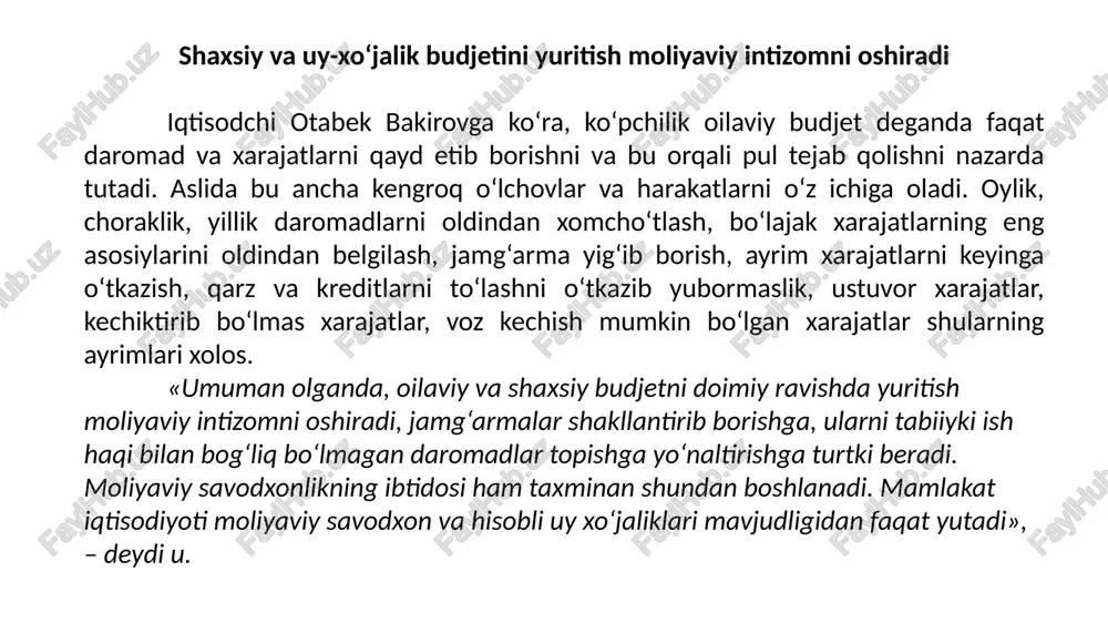 ga ham ijobiy ta'sir qiladi. uy xo’jaligini xo’jalik yuritishning mustaqil iqtisodiy va moliyaviy birligi sifatida ajratilishi quyidagi me’zonlar asosida amalga oshirilmog’i lozim: birgalikda (bir joyda) yashash; umumiy byudjetning mavjudligi; iqtisodiy qarorlarni birgalikda (hamkorlikda) qabul qilish uy xo’jaliklari moliyasi moliyaviy tizimning muhim elementi hisoblanadi. iqtisodiy kategoriya sifatida u uy xo’jaliklarida iste’mol maqsadlari va jamg’arish uchun pul mablag’lari fondlarini shakllantirish, ularni taqsimlash va foydalanishga tegishli bo’lgan iqtisodiy munosabatlar majmuidan iboratdir. ana shuni e’tiborga olgan holda uy xo’jaliklari moliyasiga quyidagicha ta’rif berish mumkin: uy xo’jaliklarida iste’mol maqsadlari va jamg’arish uchun pul mablag’lari fondlarini shakllantirish, ularni taqsimlash va foydalanishga tegishli (oid) bo’lgan iqtisodiy (moliyaviy) munosabatlar majmui uy xo’jaliklari moliyasi deyiladi. image1.png image2.png image3.jpeg uy xo’jaliklari tomonidan qabul qilinadigan moliyaviy qarorlar pul mablag’larini iste’mol qilish va jamg’arish to’g’risidagi qarorlar investitsiya-lar bilan bog’ liq bo’lgan (investitsion) qarorlar moliyalash- tirish to’g’risidagi qgarorlar riskni boshqarish (tiskiy boshqaruv) bilan bog’ liq qgarorlar 1. pul mablag‘larini iste’ mol qilish va …