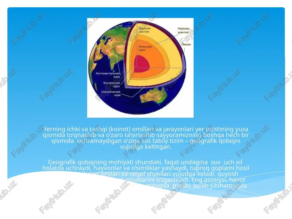 litosferada, asosan, gipergenez zonasigacha, ya’ni nuragan g‘ovak jinslar tarqalgan chegaragacha bo‘lgan moddalar aylanma harakatda ishtirok etadi. atmosferada aylanma harakat atmosferaning umumiy sirkulyatsiyasida namoyon bo‘ladi, sayyoraviy miqyosdagi shamollar (havo oqimi)ning shakllanishi sodir bo‘ladi. atmosferaning umumiy sirkulyatsiyasiga mintaqaviy va mahalliy aylanma harakatlar qo‘shiladi. gidrosferada suvning katta va kichik aylanma harakati sodir bo‘ladi. ritmiklik – bir yo’nalishda rivojlanuvchi tabiiy hodisa va jarayonlarning muayyan vaqt davomida takrorlanib turishiga aytiladi. ritmiklikning – ikki shakli ajratiladi davriylik - bir xil davom etadigan ritmiklik bo’lib, hodisa va jarayonlarning aniq bir vaqt davomida takrorlanib turishi. sikllik – vaqti-vaqti bilan davom etadigan ritmiklik bo’lib, hodisa va jarayonlarning turli muddatlarda takrorlanishi ritmiklik aylanma harakatlar murakkabligi bo‘yicha turlichadir. ayrim aylanma harakatlarda moddaning mexanik aralashmasi (masalan, atmosfe raning umumiy sirkulyatsiyasi, okean oqimlari) yuz bersa, boshqalarida modda holatining o‘zgarishi (masalan, suvning aylanma harakatida gaz, suyuq, qattiq holatga o‘tishi) kuzatiladi, uchinchi xilida esa kimyoviy aylanish (fotosintez reaksiyasi) kuzatiladi. ritmiklik deb, bir yo‘nalishda rivojlanuvchi tabiiy …