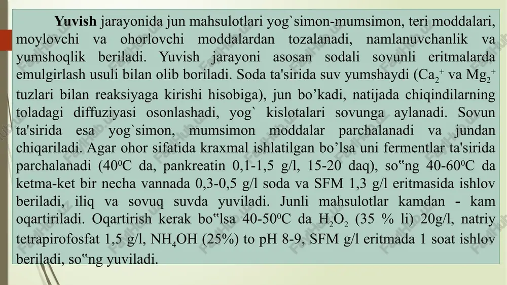 viy bog’lab saqlab qolish suplirlash deb ataladi. e’tiboringiz uchun rahmat image1.jpeg image2.jpeg image3.jpeg image4.png image5.jpeg image6.jpeg image7.jpeg image8.jpeg seritsindan tozalash usulini ipakning strukturaviy ko’rsatkichlariga ta’siri kristallanish kristallitlar ristallanish tayyorlov usuli ° o’ichami, ml “ darajasi, % £....10!°m sovunli-sodali 48.5 14,5 1,32 stearoks-sodali 48.5 16.7 1,40 fermentativ 56.4 18.8 1,50 tabiiy ipakning tolali chiqindilarini qayta ishlash asosida yigirilgan kalava iplar olinadi. bunday ipaklar asosan milliy chopon va to'nlar tikiladigan «banoras», «beqasam» kabi gazlamalar ishlab chiqarish, bayroqbop baxmal va duxobalar uchun qo'llaniladi. bundan tashgari, tabiiy ipakdan turli xildagi kashtachilikda ishlatiluvchi, shu jumladan zardo'zlikda, popopchilikda, shokila tayyorlashda ham keng go'llaniladi. tabiiy ipakdan maxsus texnologiya asosida ishlab chiqarilgan ipaklarni tibbiyotning jarrohlik bo'limlarida chok materiali sifatida va maxsus iste'molchilar (qurolli kuchlarda) parashutlar uchun, sam olyotsozlikda, uning ayrim gqism lari uchun, kosmonavtika va boshqa sohalarda ham keng ishlatiladi. tabiiy ipakning kimyoviy tarkibi asosan fibroin (70-80 foiz) va seritsin (20-25 foiz) moddalardan tashkil topgan. tabiiy ipakning kimyoviy …