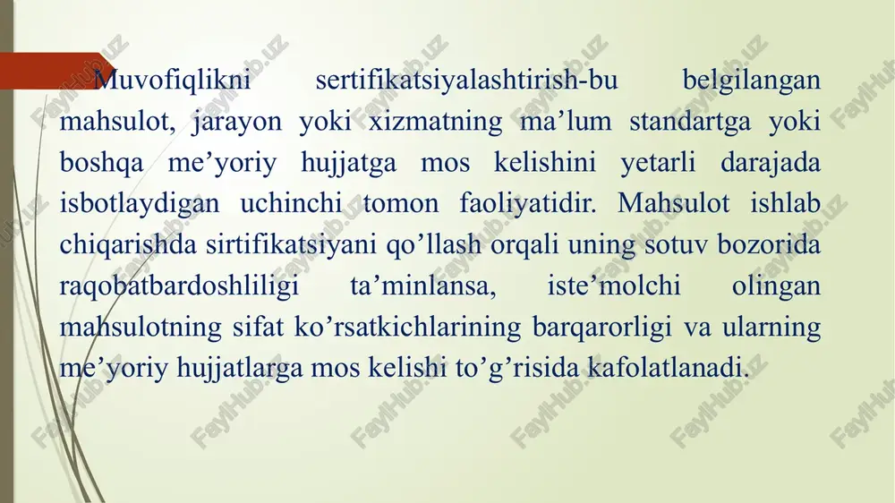 ʼminoti sertifikatsiyalashtirish tashkiloti ishtirokchilari bilan hamjihatlikda amalga oshiriladi. oʼzdav standart bir turdagi mahsulotni sertifikatsiyalashtirish tashkilotlarini va muvofiqlik sertifikatlari berilgan mahsulotlarni davlat roʼyxatidan oʼtkazadi va ularni matbuotda eʼlon qiladi. soʼrovchi tashkilot oʼz mahsulotini reklama qilish, matbuotda chiqish huquqiga ega, «sistema»da paydo boʼlgan noroziliklarni nss uz «natsionalnoe sistema standartizatsiya» da koʼrsatilgan tartibda hal qiladi. ishlab chiqarilayotgan mahsulotning sifatli va barqaror boʼlishiga kafolat berish maqsadida nafaqat mahsulotni sertifikatsiyalashtirish, balki ishlab chiqarishni va sifat tizimlarini sertifikatsiyalashtirish ishlari amalga oshiriladi. sertifikatsiyalashtirishning bunday turi boshqarish tizimlarini sertifikatsiyalashtirish, mahsulot sifatini, ishlab chiqarish va texnologik jarayonlarni nazorat qilish, hisobga olish, isteʼmolchini sifatli mahsulot bilan taʼminlashga kafolat beradi. sifat tizimini va ishlab chiqarishni sertifikatsiyalashtirishning maqsadlari: - ichki bozorni tegishli sifat darajasida boʼlgan mahsulot, texnologik jarayon yoki xizmatlar bilan taʼminlash; - oʼzbekiston respublikasining eksport salohiyatini kengaytirish, jahon bozoriga yuqori sifatli mahsulot yetishtirish va uning sifatining barqarorligini taʼminlash, ularga tegishli shart-sharoitlar yaratish hamda kafolat berishdan iborat. ishlab chiqarishni sertifikatsiyalashtirish- bu sertifikatsiyalashtirish …