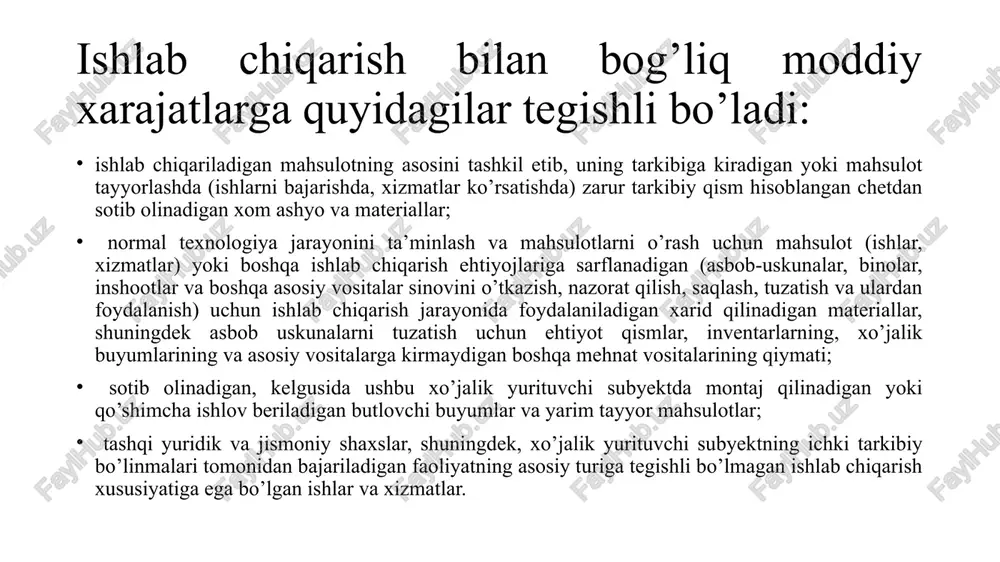tallashtirilgan usulda amalga oshiriladi: 15 19 image1.png image2.png image3.png image4.png image5.png image6.png image7.png image8.png yiriklashtirilgan usulda xarajatlar quyidagi tarzda amalga oshiriladi: 1. dastlabki tannarx aniqlanadi: taas=qr*b ir.so'm.x(b) bu yerda: op rejalashtirilgan mahsulot hajmi, ming so’m; birso'mx(b) — bazis davrdagi bir so’mlik mahsulot uchun qilinadigan xarajatlar. bazis davrdagi bir so’mlik mahsulot uchun qilinadigan xarajat: to b.. oo! =; ir.so m.x(b) qp’ bu yerda: qb - daxis davrdagi mahsulot tannarxi so’m; tb - bazis davrdagi mahsulot hajmi, ming so’m. xususan, shartli doimiy xarajatlar bo’yicha iqtisod, amortizatsiya ajratmalari bo’yicha iqtisod, va hakazo. buni quyidagicha ifodalash mumkin: ashg=( - sm) «qb; bu yerda: sha - shartli doimiy xarajatlar hajmi ya’ni, ming so’m; qu,@2 - tadbirdan oldingi va keyingi mahsulot hajmi ya’ni, ming so’m. material sarfi bo’ yicha iqtisod: am=(1-bja*tng) *usx.a bu yerda: bj.q— xom ashyo bahosi, so’m; j;,,q— mahsulot birligi uchun hom ashyo sarfining o’zgarish indeksi. tna=(1-ax.a) bu yerda: @x,q — material sarfining kamayish …