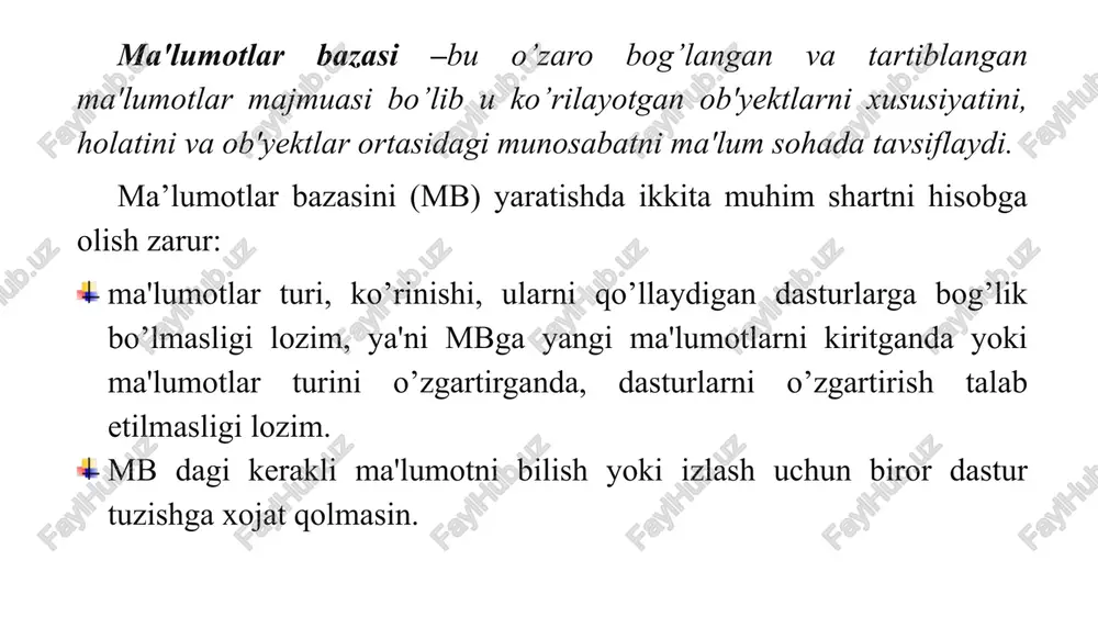 di: daraxtsimon (iyerarxik) yoki pog’onali modellar. tarmoqli (turli) modellar. relyatsion modellar. o’bektga yo’naltirilgan relyatsion mbbt alohida olingan modullardan tashkil topgan: mb boshqarish bloki disklardagi ma'lumotlar bilan foydalanuvchi dasturi va tizimning surovi (guery) orasidagi interfeysni aniqlaydi. fayl mendjeri –ma'lumotlar tuzilmasi bilan disklar urtasidagi boglanishni boshqaradi. guery –protsessor ingliz tilida yozilgan guery gaplarini mbni boshkarish bloki tushunadigan tilga o’tkazadi. prekompilyator dml (data manipulation language) ma'lumotlar bilan manipulyatsiya kiladigan til bo’lib, u quyidagi operatsiyalarga javob beradi: mbda ma'lumotlarni ajratib olish, mbga ma'lumotlarni kiritish, mbdan ma'lumotlarni olib tashlash, mbni modifikatsiya (uzgartirishlar) qilish. kompiliyator ddl (data definition language) –mb tilini, uning tuzilmasini va tashki xotiralardagi axborot turini aniklaydi. mbni tuzilmasi kupincha jadval shaklida buladi. mbbt ning vazifalarini uch guruhga ajratish mumkin: fayllarni boshqarish; ya’ni faylni ochish, nusxa olish, nomini o‘zgartirish tuzilishini o‘zgartirish, qayta hosil qilish, tiklash, hisobot olish, bekitish va boshqalar; yozuvlarni boshqarish, ya’ni yozuvlarni o‘qish, kiritish, tartiblashtirish, o‘chirish va boshqalar; yozuv maydonlarini boshqarish. mbbt …