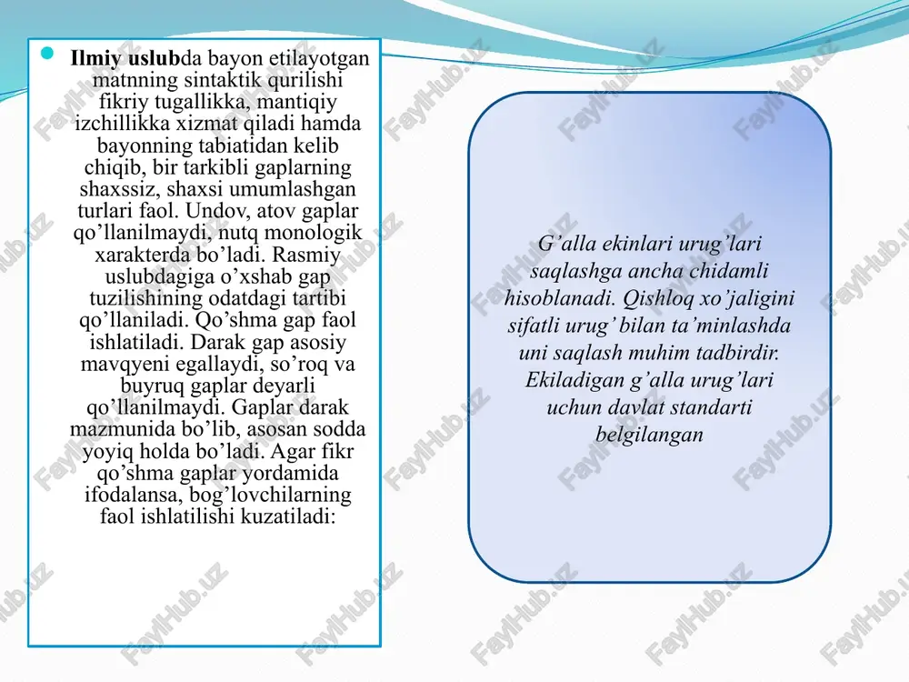gap shakllari odatdagi hol hisoblanadi. kitobiy nutq uchun bog’lovchisiz qo’shma gaplar odatda xos emas, og’zaki so’zlashuv nutqi uchun esa, aksincha, xarakterlidir. so’zlashuv nutqidagi sodda gaplar ko’pincha fe’l bilan ifodalangan kesimning yo’qligi bilan xarakterlanadi. hatto ba’zan shunday holatlar ham bo’ladiki, bunday gaplarga fe’l-kesimni qo’yib ham bo’lmaydi. masalan, biz siznikiga. biz magazinga; men, odatda ishga avtobusda, ishdan piyoda kabi. tilshunoslikda murakkablashgan gaplar atamasi ham bor. gaplarning murakkablashuvi ularga qo’shilib, mazmunan kengaytirib keladigan kirish, kiritma, undalma kabi ajratilgan gap bo’laklari hisobiga bo’ladi. image2.png image3.jpeg image4.jpeg image5.jpeg image6.jpeg image7.jpeg image8.jpeg nutq uslublari so’ zlashuy uslubi badiiy uslub publitsistik uslub iimiy uslub rasmiy uslub ¢ rasmiy uslub davlat idoralari tomonidan chigariladigan qarorlar, qonunlar, nizomlar, xalqaro hujjatlar rasmiy-idoraviy uslubda yoziladi. — ariza, tilxat, ma’lumotnoma, chaqiruv qog’‘ozi, taklifnoma, shartnoma, tarjimai hol, e’lon, tavsifnoma, dalolatnoma, hisobot kabilar ham shu uslubda yoziladi. bunday uslubdagi hujjatlar qisqa, aniq, barchauchun > tushunarli qilib tuziladi. bu uslubning asosiy belgisi: jumlalarning bir qolipda, …