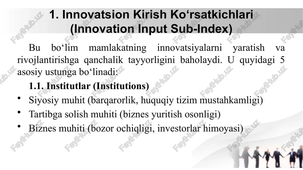 -o‘rin). avstraliya (23-o‘rin) va yangi zelandiya (25-o‘rin) ham eng yaxshi 25 talik ichida yuqoriga ko‘tarilishda davom etmoqda. avstraliya universitetlarining sifati bo‘yicha (3-o‘rin), ilmiy nashrlarining ta’siri (6-o‘rin) va bilimga asoslangan bandlik darajasi (9-o‘rin) bo‘yicha yuqori natijalarga erishgan. yangi zelandiya esa eng yaxshi 25 talikka kirib, tartibga soluvchi muhit bo‘yicha (5-o‘rin), rasmiy trening taklif qiluvchi korxonalar (5-o‘rin) va xususiy sektorga ajratilgan ichki kredit (9-o‘rin) bo‘yicha yuqori ko‘rsatkichlarga ega. o‘zbekiston gii 2024 reytingida 133 ta mamlakat orasida 82-o‘rinni egalladi. bu mamlakatning innovatsion salohiyati va natijalarini yaxshilash uchun hali ko‘p ishlar qilinishi kerakligini ko‘rsatadi. the gii dynamo: the top 10 innovators, 2020–2024 high-income economies (51 in total) upper middle-income economies (34 in total) lower middle-income economies (38 in total) innovatsion mahsulot ishlab chiqarish bosqichlari innovatsion mahsulot ishlab chiqarish bosqichma-bosqich strategik jarayon bo‘lib, u yangi texnologiyalarni yaratish va bozorda muvaffaqiyatli joriy etishga yo‘naltirilganlikni anglatadi 1. g‘oya yaratish va tahlil qilish (idea generation & analysis) ilmiy …