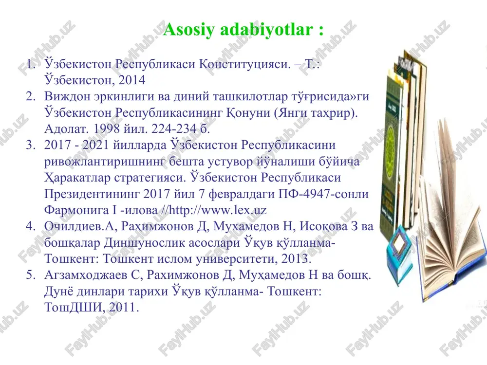 igi, diniy konfessiyalar o‘rtasida davlatning betaraf ekanini nazarda tutuvchi diniy tashkilotning davlatdan qat’iy ajratilishi tamoyili keng yoyilgan. diniy tashkilotning davlatdan ajratilishi prinsipi boshqa shaklda ham namoyon bo‘lishi mumkin. evropada bunday tizim diniy tashkilotga qarshi kurash jarayonlari natijasi sifatida shakllandi. xix asr davomida fransiyada davlat-din munosabatlari hamkorlikdan butunlay uzilishga qadar o‘zgarib, 1905 yildan cherkov davlatdan rasmiy ravishda ajratiladi. shunga bog‘liq ravishda 1905 yili fransiyada qabul qilingan qonun quyidagilarni tan oladi: vijdon va e’tiqod erkinligi; davlat tomonidan diniy tashkilotlar va ularni moliyaviy jihatdan qo‘llab-quvvatlanishining taqiqlanishi; barcha dinlarga, hech bir istisnosiz teng munosabatda bo‘lish. fransiyada qabuli qilingan dinning davlatdan ajratilishi to‘g‘risidagi qonun diniy marosim va urf-odatlarni bajo keltirish davlat hokimiyati ruxsati va nazorati bilan amalga oshirilishini belgilab qo‘ydi. kooperatsion, ya’ni neytralitet modeliga germaniya federativ respublikasini misol tariqasida keltirish mumkin. gfr da davlat bilan diniy tashkilot o‘rtasidagi munosabatlarda davlat hokimiyatining ustuvorligi e’tirof etilgan, davlat-diniy tashkilot huquqi vujudga keldi. veymar konstitutsiyasi davridan boshlab germaniyada davlat-cherkov …