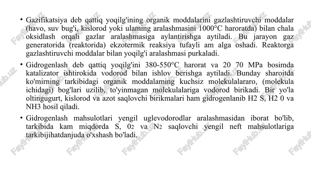 ensirlangan halkali aromatik biriqmalari: naftalin va uning xosilalari, fenantren, antrasen, karbazol. undan tashqari fenol, piridin, uning gomologlari, krezollar, yengil aromatik uglevodlar va boshqalar kiradi. xom benzol bu tug'ri koks gazlaridan toshko'mir moyiga yuttirib ajratib olingan yengll aromatik, tuyinmagan va boshka uglevodorodlar aralashmasidir. xom benzoldagi moddalar rektifikatsiyalash v tozalash yo'li bilan toza va texnik aromatik uglevodorodlar: benzol, toluol, ksilolar, kumaron, solventlar (benzol xosilalarining aralashmasi) va boshqalar ajratib olinadi. kokslash jarayoni bu qattiq va bug-gaz fazalar ishtiroqidagi boruvchi ko'p boskichli geterogenjarayondir. ko'mir shixtasi yopik reaktorda (kokslash pech kameralarida) qizdirishganda kokslash jarayoni ko'rish (loooc gacha), plastik holat (400-500°c), yarimkokslash (500-6500c) va koks hosil bo'lish (650-1 100°c) kabi bir necha bosqichlarda boradi. kokslash pechi bu kokslash kamerasidan, qizdiruvchi devordan (yoqiladigan gazni yoqish va yonishdan hosil bo'lgan gazlami aylanma gazlarni o'tkazuvchi kameralar oraligiga o'matilgan devor) va chiqib ketuvchi issiq tutash (gazlar) haroratidan foydalanish imkonini beruvchi regeneratorlardan iborat bo'lgan murakkab agregatdir . kokslash pechlari bir necha …