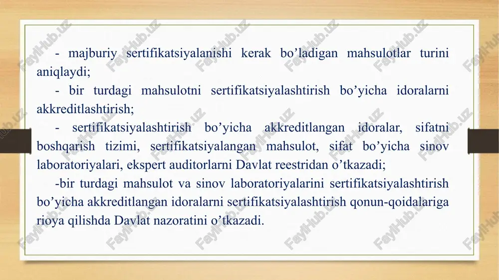 ivojlantirishning istiqbollarini, hamda uni oʼtkazish qoidalari va tavsiyalarini ishlab chiqish; -sertifikatsiyalashtirish sohasida rasmiy axborotlar bilan taʼminlash; -xalqaro (mintaqaviy) sertifikatsiyalashtirish tashkilotlari ishida qatnashish, hamda chet el milliy sertifikatsiyalashtirish idoralari bilan birgalikda ishlar oʼtkazish; -sertifikatsiyalashtirish yuzasidan xalqaro (mintaqaviy) qoidalar va tavsiyalar ishlab chiqish, hamda ularni ishlab chiqishda qatnashish; -sertifikatsiyalashtirish yuzasidan umumdavlat ahamiyatiga molik ilmiy-tadqiqot ishlari va boshqa ishlar olib borish; -sertifikatsiyalashtirish qoidalariga rioya etilishi ustidan hamda sertifikatlangan mahsulot ustidan davlat tekshiruvi nazorati olib borish ishlari davlat tomonidan moliyaviy taʼminlanadi. majburiy sertifikatsiyalashtirish qoidalariga rioya etilishini davlat tomonidan tekshirish va nazorat qilish. tayyorlovchilarning (tadbirkorlarning, sotuvchilarning, ijrochilarning), sinov laboratoriya-larining (markazlarining), sertifikatsiyalashtirish idoralarining majburiy sertifikatsiyalashtirish qoidalariga rioya yetishlari ustidan hamda sertifikat¬langan mahsulot ustidan davlat tekshiruvi va nazoratini «oʼzbekiston standartlashtirish agentligi»ning davlat inspektorlari oʼzbekiston respublikasining qonun hujjatlarida belgilab qoʼyilgan tartibda va shartlarda amalga oshiradilar. ixtiyoriy sertifikatsiyalashtirish. har qanday mahsulot meʼyoriy hujjatlarning talablariga muvofiq ekanligini tasdiqlash uchun u yuridik va jismoniy shaxsning tashabbusi bilan ixtiyoriy sertifikatsiyalash-tirishdan oʼtkazilishi mumkin. …