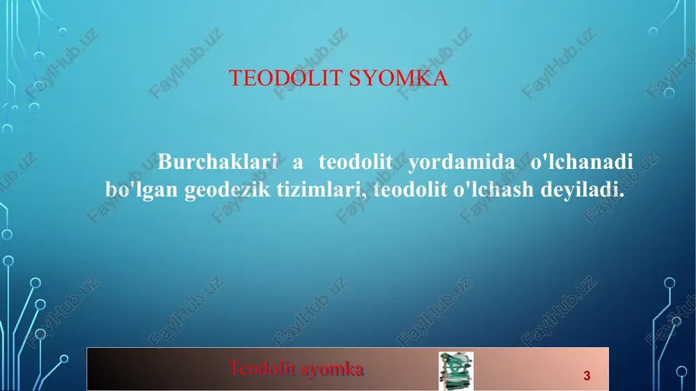 yomka to'g'ri chiziqni uzaytirirish bunday ab sifatida berilgan liniyalari cho'zilgan ikki yo'li bor fort ko'rish usuli, va (2) orqaga sight usuli fore sight usuli. sek. ostida a b c d z a teodolit o'rnatish va darajasi u aniq .bisect nuqta b to'g'ri. teleskop orqali teleskop va aniq nishon ustida tomosha haqida b tashqarida liniyada sozlash nuqtasi c. b ishora uchun qurilmani sozlang, c chiziq tashqarisida burun c da, bir ko'z va bir to'siq nuqtasi d olish so'nggi nuqta z erishilgan qadar jarayonini takrorlang. 44 teodolit syomka to'g'ri chiziqni uzaytirirish (2) st usuli. (davomi). rasmda ko'rsatilganidek. a b c d z endi, birligi a, b, c, d va z to'g'ri shu chiziq, bo'ladi ishora, balki, sozlanishi bo'lsa u tuzatish emas, agar ko'zdan liniyasi gorizontal o'qi, c, d "va z 'perpendikulyar emas, bir to'g'ri chiziq bilan bo'lmaydi. c’ d’ 46 teodolit syomka to'g'ri chiziqni uzaytirirish a b c d z liniyasi yuqori …