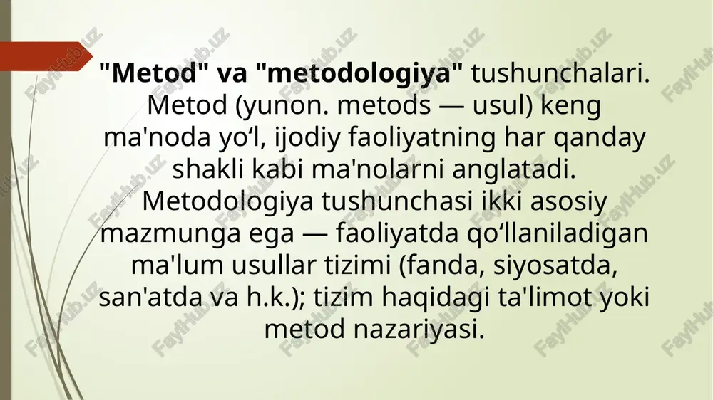 tegoriyalari, kuzatish va tajriba, taqqoslash, analiz, sintez, induksiya, deduksiya va h.k.lar taalluqli. agar maxsus metodlar ob'ektning qonuniyatlarini o‘rganishning xususiy usullari sifatida namoyon bo‘lsa, falsafiy metodlar shu ob'ektlarda namoyon bo‘ladigan, alohida xususiyatlardagi harakat, taraqqiyotning eng umumiy qonuniyatlarini o‘rganadi. aynan shu o‘rinda tajriba hal qiluvchi ahamiyatga ega. geraklit (er.av 540—483 y.) umumiy o‘zgaruvchanlikning universalligini shunday izohlaydi: "ariqda oqayotgan muayyan suvga ikki marta tushib bo‘lmaydi, chunki yangi va yangi suvlar oqib kelaveradi. o‘zgaruvchanlikning manbai kurashdir" https://fayllar.org/mavzu-pedagogika-fanining-ilmiy-tadqiqot-metodlari-reja.html bolalar ijodini o`rganish metodi pedagogik tadqiqot metodlari ichida bolalar ijodini tabiiy holatda o`rganish va ilmiy xulosalar chiqarish metodi mavjud. bunda maktab o`quvchilarning o`ziga xos individual tartibdagi faoliyatlariga doir ma`lumotlar tahlil qilinadi, xulosalar chiqariladi. maqsad o`zbekiston yoshlarining tipik obrazlari va ularda ijobiy xislatlarni shakllantirishdir. shu sababli yoshlarning turli yozma daftarlari, tutgan kundaliklari, yozgan xatlari, she`r va hikoyalari, hayotiy rejalari, insholari, turli yozma hisobotlari bolalar ijodini o`rganish uchun manba bo`lib xizmat qiladi. oqibatda, maktab o`quvchilari orasidan yetishib chiqayotgan qobiliyatli, …