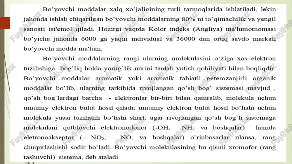 siklik xinonlar). kub bo’yovchi moddalarni bo’yashdan avval kuchli ishqoriy muhitda kuchli gaytaruvchi ta'sirida suvda eruvchan holatga o’ tkaziladi: rc o} = qaytaruvch i > ry c-on), +2n aoll > ry@-c-onay, xromli bo’yovchi moddalar asosan jun tolasini kuchli kislotali sharoitda bo’yashda va kamroq unga gul bosishda ishlatiladi. bu bo’yovchi moddalarning 71 xromofor sistemasi asosan azo-, antraxinon, arilmetan va boshqalar bo’ lib, undagi aromatik halqada bir-biriga yoki azoguruhga nisbatan orto-holatda joylashgan ikki funksional guruhlari bo’ladi. bu guruhlar bo’yash paytida xrom metali bilan bo’yovchi orasida kompleks hosil qilishda ishtirok etadi. hosil bo’lgan kompleks xrom orgali jun keratiniga koordinatsion bog lanish bilan birikadi, natijasida rang turli ta'sirlarga o’ta chidamli, lekin xirarog bo’ ladi. kislotali metallkompleks (kmk)_ bo’yovchi moddalar xromli bo’yovchilardan farqli, tayyor metallkompleks bo’ ladilar. kompleks hosil qiluvchi metall sifatida cu’; ni* ; co” ; cr’ va boshqalar ishlatiladi. bo’yovchi molekulasi va metall atomlarining soni nisbatiga qarab, ular ikki turli bo’ ladilar: kmk _ …