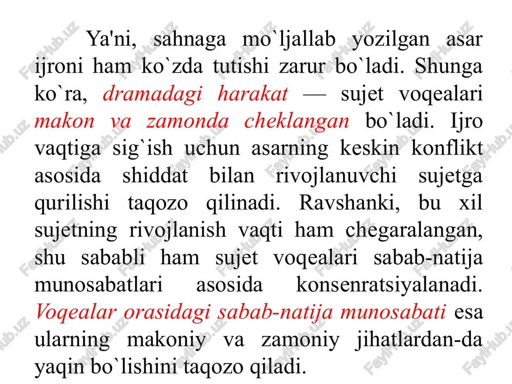 ngi janrlari paydo bo`ldi, borlari faollashdi. savol va topshiriqlar: 1. dramatik asarning badiiy tomonlarini belgilovchi eng muhim xususiyat qaysi? dramaga xos “shartlilik”ni qanday izohlaysiz? 2. dramatik asarning o`qilishi va sahna talqini (spektakl) orasidagi farqni tushuntiring? epik asar bilan uning sahna varianti(inssenirovka) bir-biriga teng bo`la oladimi? nima uchun? buni konkret misol bilan tushuntiring. 3. dramatik asarlarni janrlarga ajratishda nimaga asoslaniladi? tragediyaning janr xususiyatlarini “mirzo ulug`bek” tragediyasi yordamida tushuntiring. tragediya va tragiklik tushunchalarini izohlang. 4. komediya janriga ta'rif bering? komiklik deganda nimani tushunasiz? xarakter komikligi, holat komikligi tushunchalarini izohlab bering. 5. dramaturgiyada dramaning yetakchi janrga aylanishi sabablarini tushuntiring. dramaning janr modifikatsiyalari deganda nimani tushunasiz? e’tiboringiz uchun tashakkur! image1.jpeg image2.jpeg image3.jpg /docprops/thumbnail.jpeg haseanue npesenmayuu
