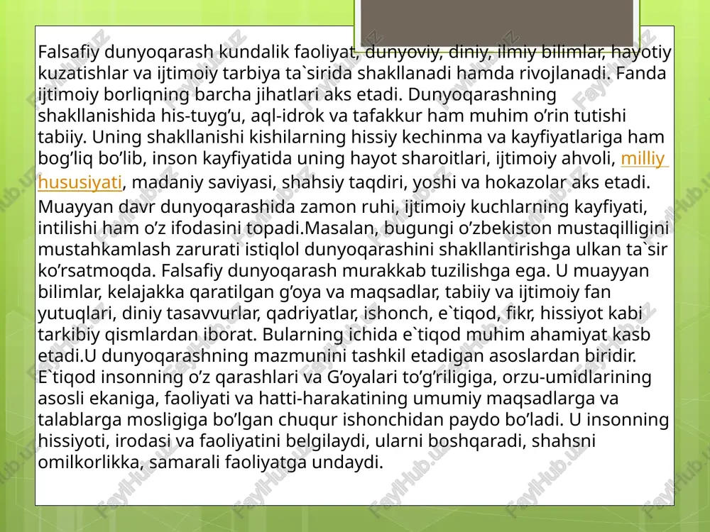 q arastuchiligi (peripatetizm) nomini oldi. o‘z navbatida, bu yo‘nalish yevropadagi o‘rta asr falsafasi rivojiga qayta ta'sir ko‘rsatdi, jumladan, rasmiy katolikchilik va o‘rta asr sxolastikasiga muxolifatda bo‘lgan «lotincha averroizm» (ibn rushd ismining lotinchalashtirilganligi - averroes) falsafiy oqimini vujudga kelishiga sabab bo‘ldi. xiii asrda g‘arbiy yevropada uning vakillari bo‘lgan parij universitetining professori siger brabantskiy (1240-1282 yillarga yaqin) va uning izdoshlari «cherkov otalari» bo‘lgan anselm kenterberiyskiy va akvinalik fomaga faylasuflar bilan ilohiyotchilar o‘rtasida bo‘lgan mashhur bahslarda arastu merosi bo‘yicha ularga qarshi turdilar. falsafani qadimgi sharqda ham, qadimgi g‘arbda ham muayyan davrlarda paydo bo‘lish hodisasi tasodifiy emas. unga ehtiyoj ibtidoiy jamoa tuzumining tanazzuli va jamiyatni yangi taraqqiyot bosqichiga o‘tishi munosabati bilan bog‘liq ravishda paydo bo‘ldi. bu bosqich uchun sivilizatsiya, davlat, sinfiy shakllanish, aqliy mehnatning jismoniy mehnatdan ajralishi va boshqa shu kabi insoniyat taqdiri uchun tarixiy bo‘lgan institutlar va jamiyatning yashash shakllari bo‘lgan hodisalarning paydo bo‘lishi xosdir. eramizdan oldingi iii-ii asrlardagi ilk sinfiy jamiyatlarda paydo …