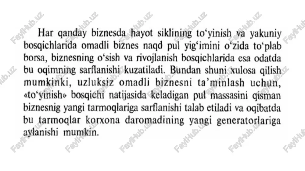 lar bilan o‘sishi. bozorning o‘sish surati qanchalik yuqori bo‘lsa, ishlab chiqa- rishni kengaytirish, innovatsion texnologiyalarni qo‘llash va rivoj- lanishga ehtiyoj, imkoniyat mavjud bo‘ladi. agar bozorning o‘sish sur’ati yugori bo‘lmasa, masalan, bozor to‘yingan bo‘lsa, u holda tovar katta miqdordagi moliyalashtirishga muhtoj bo‘lmaydi. yulduzlar. ularga odatda bozordagi operatsiyalar evaziga yuqori daromadlarga erishuvchi, keskin o‘sib kelayotgan va bozordagi nisbatan katta ulushga ega bo‘lgan yangi biznes sohalari kiradi. sog‘in sigirlar. mazkur biznes birliklar o‘tmishda bozorning nisbatan katta ulushiga ega bo‘lishgan. ammo vaqt o‘tishi bilan garalayotgan tarmoqning (bozor) o‘sishi sezilarli darajada sekin- lashib golgan. «sog‘in sigirlare — o‘tmishda «yulduzlar» hisoblanib, hozirgi paytda bozorda o‘zining ragobatli holatlarni saqlab qolish uchun yetarli daromad manbai bilan ta’minlab turiladi. nagqd pul ogqimi bu holatlarda yaxshi tarzda balanslashtirilgan bo‘ladi, negaki bunday biznes birliklarga sarmoyalar minimal (kam) talab etiladi. bunday biznes birlik korxona uchun juda katta daromadlar olib keladi. muammo tug‘diruvchi bolalar. bunday biznes birliklar o‘sish sur’ati yugori bo‘lgan bozorda (tarmoq) …