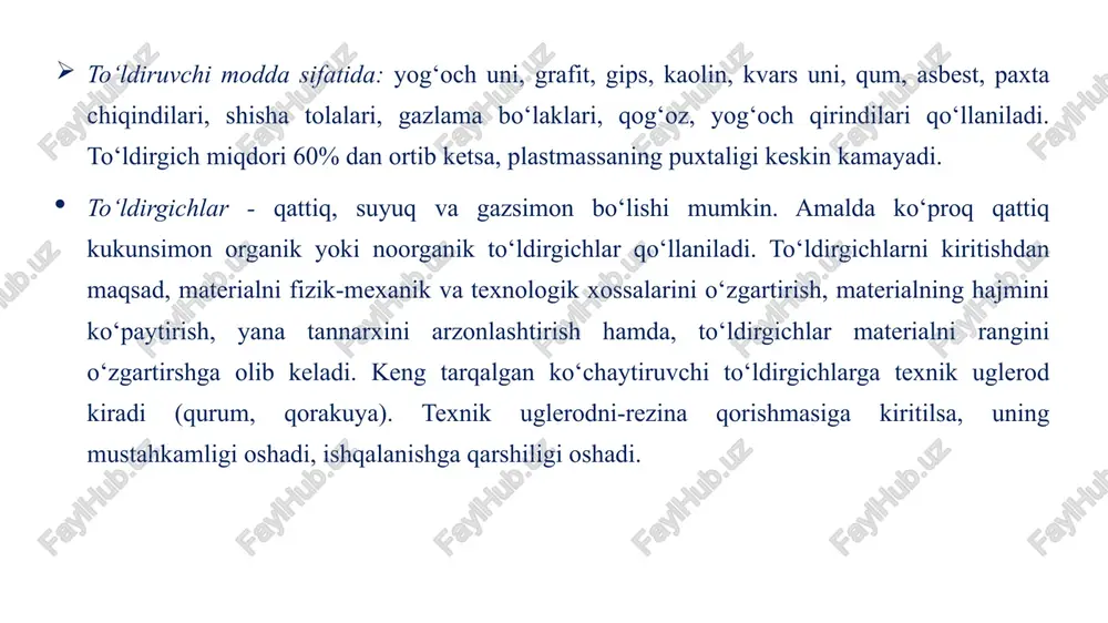 yil. bunday materiallarni 70%i-pe (polietilen) dan, 30%i esa-pvx (polivinilxlorid) dan tayyorlanadi. polipropilen ham sigler usulida benzinda 60–700cda r6-10atm bosimda trietilalyuminiy yordamida olinadi. polipropilenni kristallanishi yuqori bo‘lganligi sababli undan olingan mahsulotlar pishiqroq bo‘ladi. llanishi yuqori bo‘lganligi sababli undan olingan mahsulotlar pishiqroq bo‘ladi. polistirol: stirolni blokda yoki, emulsiyada polimerlab olinadi. blokda olishda, stirolni 2200cgacha asta-sekin isitib, 65-67soat davomida ingichka sterjenlar shaklida olib maydalanadi. emulsion radikal polimerlanishda reaksion massa k2s2o8 initsiatori bilan bug‘ yordamida 700cgacha isitiladi. reaksiyada ajralib chiqqan issiqlik hisobiga tezda 1000cga ko‘tariladi 1-2 soatdan keyin massa sovutiladi, cho‘ktiriladi, filtrlanadi, quritiladi va granullashtiriladi. molekulyar massasi-120000-200000. polivinilxlorid - vinilxloridni persulfat kaliy bilan emulsiyada 40-500sda 5-6 atm bosimda polimerlashtirilib olinadi. nch2 = ch2 cl → ........ - ch2 - chcl - ch2 - chcl -........ + q reaksiya tugagandan so‘ng, polimer suspenziyasi filtrlanadi, quritiladi va ikki uslubda ishlov beriladi: a). 2–3% stabilizator (qo‘rg‘oshin karbonati yoki kalsiy stearati) qo‘shib 1700sda valsilardan o‘tkazib, list olinadi. b). …