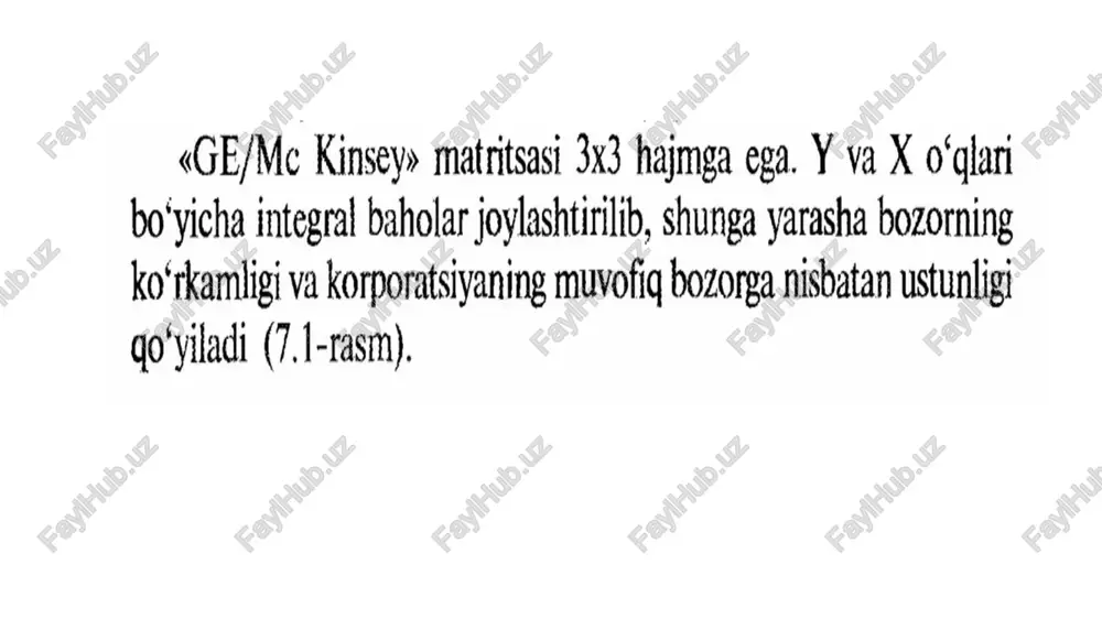 oid» deb nomianadi. bu biznesning shunday turlariki, ma’lum bir sharoitlarda o‘sishi hamda, aksincha, qisqarishi mumkin. agar biznes shubhali (savol) holatga tegishli bo‘lsa, bunda bozorning jezibadorligi yugori korxonaming ragqobat ustunligi past darajada, bunday holatda bo‘igan biznes birliklarga quyidagi strategix yechimiar tavsiya etiladi: 1. kompaniyaning afzalliklari orasida kuchli tomonga aylan- tirish chtimoli mavjud bo‘lsa, uni rivojlantirish kerak bo‘ladi. 2. kompaniya bozorda o‘zining nishasini ajratib olfb, uning rivojlanishiga mablag‘ jalb qgilish lozim. 3. agarda yugoridagi | yoki 2-chi tavsiyalarni amalga oshi- rish imkoniyati bo‘lmasa, bunday biznes turini tashlab ketish afzaldir. o‘rtacha biznes holatida bo‘lgan biznes birliklar uchun bozor- ning jozibadorligi va kompaniyaning nisbiy ustunligi o‘rtacha darajada. bunday holatda mablag‘larni faqatgina juda daromadli va eng xavfsiz tadbirga jalb qilish tavsiya etiladi (ehtiyotkorlik strategiyasi). daromad keltiruvchi (ishlab chigaruvchilar) holatdagi biznes turlari bozorning jozibadorlik darajasi pastligi va kompaniyaning nisbiy ustunlik darajasi yugoriligi bilan xarakterlanadi. bunday holatda investitsiyalarni boshgqarishda samarani qisqa muddatdagi istiqbolda kurish lozim bo‘ladi, chunki …