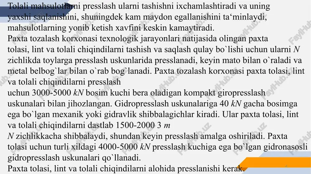xta sanoatida qo`llanayotgan mexanik shibbalagichlar oddiy va foydalanishda ishonchli bo`lib, porshenning oxirgi yurishida erishadigan shibbalash kuchi 30-40 kn ni tashkil qiladi. b-374a va d-8237 presslarning mexanik shibbalagichi stanina, shibbalash qutisi, porshen, yo`naltiruvchi roliklar, barmoqli tsevkali reyka, cheklagichlar –porshenning bosish amortizatoriniki, tishli g`ildiraklar, tsevkali reyka bo`yicha dumalovchi, tebranuvchi reduktor, uning amortizatori va qopqog`i, elektro magnitli tormoz, shkivlar, tasmali uzatma va elektordvigatellardan tarkib topgan. © presentationgo.com by: .com 9 mexanik shibbalagich ishlash jarayonida detal va uzellarida nuqsonlar paydo bo`ladi, ularni aniqlash shibbalagichni quyidagi ketma-ketlikda qismlarga ajratiladi: yuritma va ponasimon tasmali uzatma, elektrodvigatel to`sqichlari bo`shatiladi va yechib olinadi; tebranuvchi reduktor bo`shatiladi va yuk ko`tarish vositalari yordamida yechib olinadi. porshenni ajratishdan oldin shibbalovchi plita yechiladi, buning uchun porshenni demontaj qilish qulay bo`lishi maqsadida uni pastki holatiga keltiriladi, keyin shibbalagich korpusidan porshenni chiqarib olinadi. © presentationgo.com by: .com 10  tsevkali reyka barmoqlarining, porshen yurishini yuqorigi va pastki cheklagichlarining, amortizator prujinasining va boltli birikmalarining yeyilishi; …
