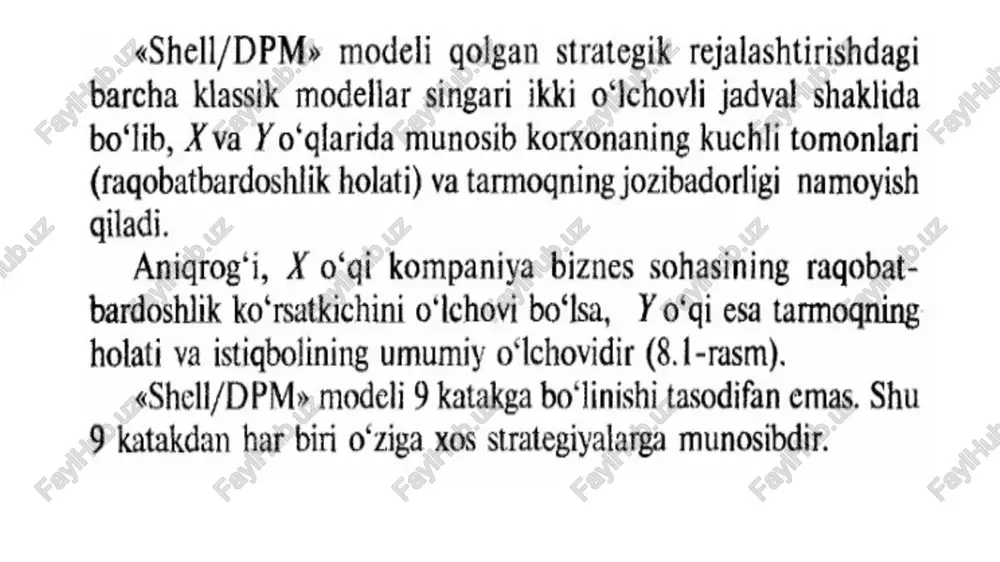 koningiz komil bo‘lsa, ehtiyotkorlik bilan va kichik bo‘laklarda mablag‘ sarflang (investitsiyalang), doim biznes birlikning igtisodiy holatini puxta tahlil giling. kvadrant 9. «naqd pulning generatori strategiyasi> holati. korxona jozibadorsiz tarmoqda kuchli holatni egallaydi. u yetakchi bo‘lmasa ham, u yerda yetakchilardan biri. bozor mo‘tadil (stabil), lekin qisqarayotgan holatda, tarmoqdagi foydaning me’yori — pasayayotgan pallada. korxonanining unumdorligi baland, xarajatlari past bo‘lsa ham ragobatchilar tomonidan xavf mayjud. amalga oshirish mumkin bo‘ladigan strategiyalar: bu katakka tushadigan biznes, korxonaning asosiy daromad omilidir. bunday biznes birlikga kelajakda hech qanday rivojlanish zarur bo‘imagani uchun, uning strategiyasi — ahamiyatga ega bo‘lmagan, katta miqdorda bo‘imagan investitsiya qilish orqali maksimal daromad topishdir. autsayderlar kvadrantlari (4, 7, 8): kvadrant 4. «biznesni ehtiyotkorlik bilan davom ettirish yoki ishlab chigarishni qisman yig‘ishtirish» holati. korxona jozibadorligi mo‘tadil (o‘rtacha) bo‘lgan tarmoqda kuchsiz (zaif) holatlarni egallaydi. amalga oshirish mumkin bo‘ladigan strategiyalar: hech qanday investitsiyalar kiritmang; hamma boshgaruv naqd pulning ogimini balanslashtirishga qaratilgan bo‘lishi kerak. ushbu biznes birlik …