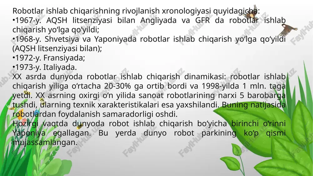 sobga olgan holda takrorlash uchun qo‘llaniladi. ekzoskeletlar ko‘pincha bir necha o‘nlik harakat erkinligiga ega bo‘ladi. takrorlovchi robotlar singari ikki tomonlama nazorat tizimlari orqali boshqariladi. mexanikada erkinlik darajasi — bu tizim yoki jismlarning muhitdagi vaziyati va ularning mustaqil harakatlanish (aylanish) koordinatlari to‘plamidir. ekzoskelet «hal 9000» ichidagi inson. inson tomonidan boshqarish pulti orqali boshqariladigan robotlar. pultda, klavishlar yoki dastaklar tizimi va axborotni ko‘rsatish vositalari mavjud. robot uchun harakatga da’vat inson tomonidan boshqarish pultidan ijrochi yuritmalar tizimi orqali beriladi. yarimavtomatik robotlarda qo‘l yordamida va avtomatik boshqarish birgalikda olib boriladi. bunday robotlar sun’iy intellekt qo‘llanishi maqsadga muvofiq bo‘lmaganda yoki mumkin bo‘lmaganda ishlatiladi. nazorat boshqaruviga ega robotlar ham yarim avtomatik robotlarga tegishli: qachonki, operator robotga qo‘shimcha ma’lumot to‘g‘risida habar berib, uning harakatlariga aralashganda (masalan, kerakli harakatlar ketma-ketligini ko‘rsatib, maqsadli belgidan foydalangan holda). avtonom (yoki avtomatik) boshqariladigan robotlar robotlarning keying muhim sinfi – bu avtonom yoki avtomatik boshqariladigan robotlardir. bunday robotlar maxsus ravishda sozlangandan keyin inson …