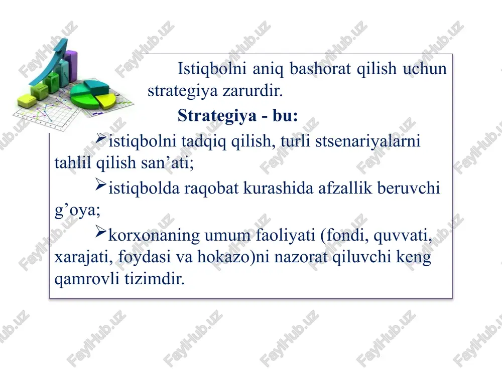 ish tempi, ishsizlik darajasi, inflyatsiya, valyuta kurslari, qarzlar, xalqaro iqtisodiy aloqalar ijtimoiy omillar. bu omillar jamiyatning ehtiyojlari, qadriyatlari, istaklari va ijtimoiy tartib bilan bog‘liq. bularga: demografik o‘zgarishlar (yoshlar, qariylar va hokazo), kadrlar tayyorlash va ta’lim darajasi, ijtimoiy muhit va qadriyatlar, mahsulotlarga bo‘lgan istaklar va ehtiyojlar, shaxsiyat va gender tengligi texnologik omillar. bu kategoriyada yangi texnologiyalar, innovatsiyalar va texnik yangiliklar ko‘rib chiqiladi. bularga: yangi texnologiyalar va inovatsiyalar, avtomatizatsiya va raqamlashtirish, texnologik infratuzilma, internet va mobil texnologiyalar. strategik reja - bu korxona (firma)ga uzoq davrga berilgan topshiriqdir. bunday reja firma doirasidagi boshqa joriy, yillik rejalashtirish uchun boshlang’ich nuqta bo’lib xizmat qiladi. strategik rejaning asosiy shakllari besh, o’n yil va undan ko’proq muddatlarga mo’ljallangan rejalardir. strategik rejaning o’ta muhim va zarurligi quyidagilar bilan izohlanadi: korxonaning aniq maqsadini aniqlashga va shakllantirishga imkon beradi; korxonani tashqi muhitga moslashtirishga yordam beradi; samarali boshqarish tarkibi va tizimini yaratishga imkon beradi; ulkan korxonalar tarkibidagi barcha bo’g’inlarning faoliyatini muvofiqlantirishga …