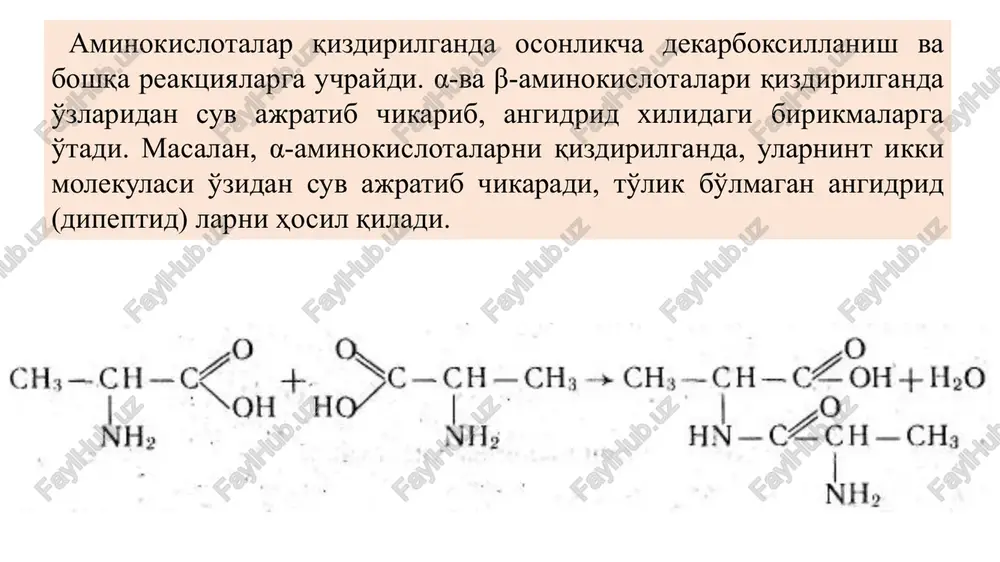 to'k-ko'k rangli metioninning ammiak eritmasida eritib olingan ammoniyli tuzi esa binafsha rangli cho'kma hosil qiladi. aminokislo­talarning mis bilan hosil qiladigan kompleks tuzini qo'yidagi umumiy reaktsiya bilan ifodalash mumkin. molekulasida sulfgidrin (-sh) guruh saqlamagan aminokislota va kaliy rodanid poroshogi solingan probirkani qizdirilganda vodorod sulfid ajralib chikadi. uni probirka ustiga kurg'oshin atsetat eritmasi bilan ho'llangan filtr qog'ozi tutilganda qora dog' holida qo'rg'oshin sulfid hosil bo'lishidan bilinadi. reaktsiyani aminalon misolida taxminan qo'yidagi kimyoviy tenglamalar bo'yicha ifodalash mumkin. yuqorida keltirilgan umumiy reaktsiyalardan tashqari aminokislotalarning chinligini aniqlashda yana boshqa reaktsiyalardan ham foydalaniladi. ε-aminokapron kislotasining chinligini, uni benzosulfoxlorid bilan o'zaro biriktirib, 120-123°s haroratda suyuqlanib ketuvchi ok cho'kma holida cho'ktirib aniqlanadi. preparatlarning eritmasiga natriy gidroksid va benzo­sulfoxlorid qo'shib, suv hammomida isitiladi. keyin unga suyultirilgan xlorid kislotasi qo'shilganda, ok cho'kma holida n-benzolsulfon-ε-aminokapron kislota cho'kadi. ε-aminokaproi kislotaga xos reaktsiyalardan yana, unga xloramin va fenol ta'sir ettirib isitilganda, ko'k rangli birikma hosil qiladi. bu reaktsiyani aminalon, gluta­min kislota, metionin va …