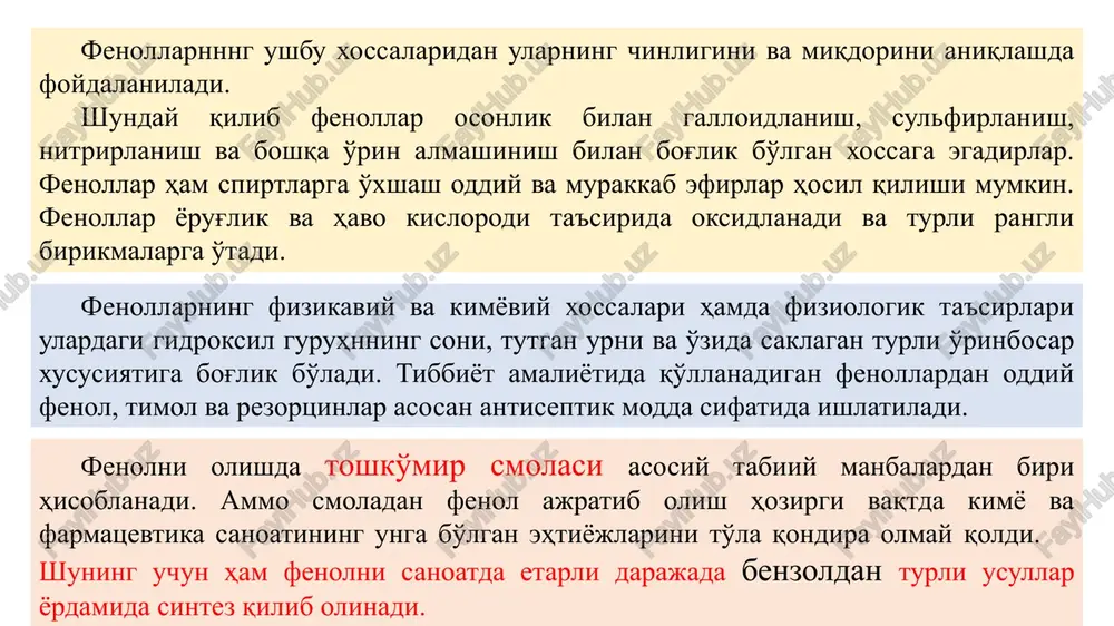 obo'yoq hosil qilish reaktsiyasi bo'yicha aniqlash. bu reaktsiyada fenollar odatda azobo'yoq molekulasini hosil qilishda asosiy komponentlardan biri sifatida ishtirok etadi.avval sulfanil kislotani natriy nitrit va xlorid kislota tasirida diazoniy xloridga o'tkazib, keyin unga fenolni, jumladan rezortsin yoki timolning natriy gidroksiddagi eritmasidan qo'shilsa, qizil rangli azobo'yok hosil bo'ladi. azobo'yoq hosil kilish reakiiyasida sulfanil kislotaning urniga boshqa birorta aromatik amin hosilalaridan ham foydalanish mumkin. g) fenollarni liberman reaktsiyasi bo'yicha aniqlash. bu reaktsiya fenollarni nano2 va konts. h2so4 ta'sirida oksidlanib, turli rangga bo'yalgan indofenol turidagi birikmalar hosil qilishiga asoslangan. bunda fenol ko'k rezortsin binafsha-qora rang hosil qiladi, keyinchalik fenol bor idishga natriy gidroksid eritmasi quyilsa, u to'q qizil, rezortsin va timol saqlagan idishdagi suyuqlik esa binafsha rangga o'tadi. d) fenollarni galogenlash reaktsiyasi bo'yicha aniqlash. yuqorida aytib o'tilganidek aromatik halqadagi gidroksil guruh birinchi tur o'rinbosar sifatida benzol halqasiga ta'sir ko'rsatib, undagi orto va para holatidagi vodorod atomlarini faollashtiradi va almashinish qobiliyatini oshiradi. bunga fenollarning …