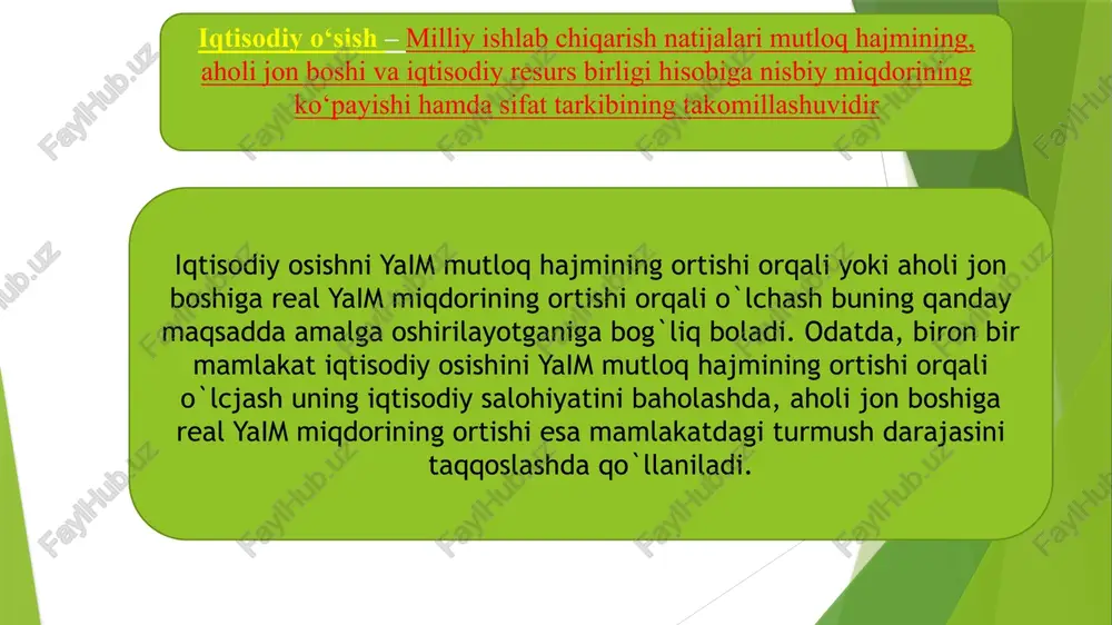 arish miqiyosidan olinadigan samara va kapital xizmat qilish davrining doimiyligi, investitsiyalarning mavjud emasligi hisoblanadi. evsey domar modeli bu model mehnat bozorida ortiqcha taklif mavjud bo‘lishi, narx darajasining doimiy taqozo kilishini va maxsulot chikarish hajmi faqat yagona resurs – kapital miqdoriga bog‘liq bo‘lishini ko‘rsatadi. unga ko‘ra investitsiyalarning o‘sish sur’ati iqtisodiyotda talab va taklif ko‘payishining asosiy omili bo‘lib xizmat qiladi. roy harrod modeli. bu modelga «tabiiy» o‘sish sur’ati tushunchasi kiritiladi. bu faol aholi soni ko‘payishi va texnika taraqqiyoti natijasida kelib chiqadigan o‘sish sur’ati bo‘lib, u mehnat va kapital omillarining to‘liq bandligini ta’minlaydi. milliy boylik va uning tarkibi. milliy boyliklar tarkibi. tabiiy boyliklar moddiy-buyumlashgan boyliklar. intelektual boylik. milliy boylik - insoniyat jamiyati taraqqiyoti davomida ajdodlar tomonidan yaratilgan va avlodlar tomonidan jamg’arilgan moddiy, nomoddiy va intellektual hamda tabiiy boyliklardir. intelektual boylik: bu aqliy faoliyat natijasiga tegishli boyliklar. masalan: tarixiy obidalar, arxitektura yodgorliklari,noyob adabiyot va sanat asarlari. moddiy-buyumlashgan boyliklar: bularga ishlab chiqarish (xizmat ko‘rsatish) sohalaridagi …