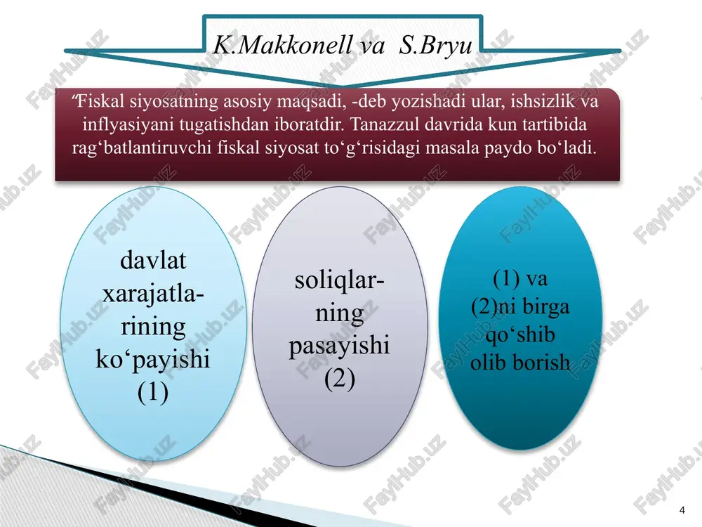 ga nisbiy o’lchamida byudjet taqchilligi – bu davlat byudjeti xarajatlarining uning daromadlaridan ortiqchaligidir davlatning jamiyat hayotidagi rolining o’sib borishi, uning iqtisodiy va ijtimoiy vazifalari kengayishi milliy va jahon bozori kon’yukturalaridagi davriy tebranishlar iqtisodiy inqirozlar davlatning iqtisodiy siyosatidagi o’zgarishlar davlat krediti qo’shimcha pul emissiyasi tashqi qarz bunda davlat qarz oluvchi (kreditor) sifatida chiqadi, ya’ni davlat zayom obligatsiyalarini chiqarish orqali iqtisodiyot sub’ektlarining moliyaviy resurslarini jalb qiladi. bunda markaziy bank muomalaga tovar hajmining ko’payishi bilan qoplanmagan qo’shimcha pul massasini chiqaradi. pul massasining o’sishi jamiyat real boyligining ko’payishi bilan birga bormasligi tufayli inflyatsion jarayon kuchayadi xalqaro kredit rivojlangan sharoitda davlat o’ziga zarur moliyaviy resurslarni milliy chegaradan tashqaridagi manbaalardan jalb qilishga harakat qiladi. tashqi qarzlar milliy daromadning foiz to’lovlari shaklida chetga chiqib ketishiga sabab bo’ladi. davlat qarz majburiyatlarini to’lash vaqtini kechiktirish usullari: qisqa muddatli majburiyatlarini, o’rta va uzoq muddatli zayomlarga almashtirish qisqa muddatli majburiyatlarini ancha yuqori foiz bo’yicha yangi, uzoq muddatli zayomlar chiqarish hisobiga sotib …