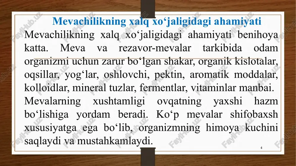 acha jami yetishtirilgan uzum mevasining 83 % i vino va sharbat tayyorlashga, 12 % i yangiligicha is’temol qilishga va 5 % i esa quruq meva (mayiz) tayyorlashga sarflanadi. meva daraxtlarning vatani o‘rta osiyo, zakavkaze, uzoq sharq, xitoy, hindiston, birma, eron, siriya hisoblanib, bundan 3-4 ming yil ilgari aniqlangan. 19 o‘zbekistonda mevachilikning qisqacha tarixi, hozirgi ahvoli va rivojlanish istiqbollari o‘zbekiston viloyatlarida mevali o‘simliklarni tarqalgan zonalari va ularga qisqacha tavsifnoma berish. o‘zbekistonda bog‘lar maydoni 1998-1999 yilda 227 ming gektarni tashkil etadi. bog‘lar asosan quyidagi oblastlarda joylashgan: toshkent viloyatida 34,7 ming., farg‘ona viloyatida 32,9 ming., namangan viloyatida 30,3 ming., andijon viloyatida 27,3 ming., samarqand viloyatida 21,0 ming., buxoro viloyatida 10,4 ming., qashqadaryo viloyatida 17,8 ming., jizzax viloyatida 11,7 ming., surxondaryo viloyatida 12,0 ming., xorazm viloyatida 13,6 ming., qoraqalpog‘iston respublikasida 5,1 ming. bog‘lar bor. 20 21 toshkent viloyatida asosan urug‘li mevalar, farg‘ona vohasida o‘rikning yaxshi navlari, surxondaryo va farg‘ona vohasida anor, anjir, xurmo va …
