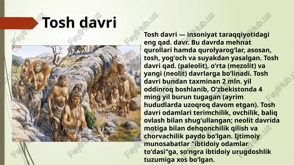 paleolit davri paleolit (paleo... va lot. "lithos" — tosh) — qad. tosh davri. tosh davrini 2 bosqichga: p. — kadimgi va neolit — yangi tosh asrlariga boʻlib oʻrganish dastlab 1865 yil ingliz arxeologi j. lebbok tomonidan fanga kiritilgan. p. quyi (ilk), oʻrta va yuqori (soʻnggi) qad. tosh davrlariga boʻlinadi. p. eng qad. ibtidoii odamlarning kazilma ilk zotlari hayot kechirgan ulkan tarixiy zamon hisoblanadi. oʻsha qad. zamonda yer kurrasining ikdimi, oʻsimlik va hayvonot dunyosi biz yashab turgan davrdan mutlaqo oʻzgacha boʻlib, undan keskin farq qilgan. p. davrining ibtidoii odamlari kertilgan dagʻal tosh qurollardan foydalanganlar. ular tosh qurollarga sayqal berish hamda sopol idish yasashni hali bilmaganlar. asosan, ovchilik va termachilik bilan kun kechirib, ibtidoii deqqonchilik va chorvachilik kabi mashgʻulotlarni hali kashf etmaganlar. this presentation uses a free template provided by fppt.com www.free-power-point-templates.com ilk paleolit davri ilk paleolit - odam tarixining davridir, pliotsen davrining ohirida boshlangan va bu davrda birinchi marotaba hozirgi odamning …