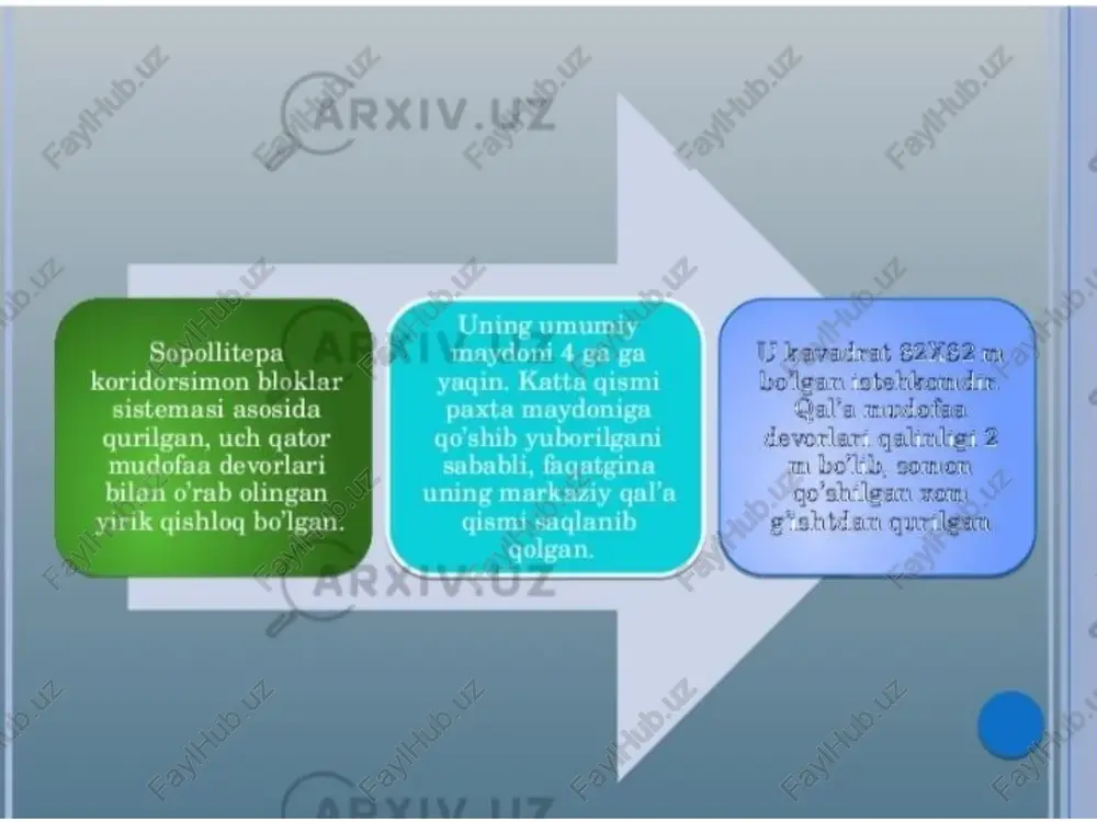 ba’zi sopol buyumlari yugori qismida qizil angobning izlari bor ~ xumcha, konussim piyolalar, kubiksimon va vazasimon idishlar shular jumlasidan. soplol buyumlari qizil va to’q qi ranglariga bo'yalgan, oshxona va marosimlar uchun mo'ljallanganlari esa och qizil va ko’kish ranglar bil bezatilgan. sopollarni qizil rangga bo'yalish an’anasi juda qadim davrlardan davom etib kelgan, bun sabab qizil rangning yorqinligi bo'lsa, yana bir sabab ushbu buyogning tabiiy ravishda boshga turdz bo'yoqlarga qaraganda ko'p miqdorda uchratilishidir. konussimon ko'rinishdagi chashkalarning choynaklarning ostki qismida ipdan qolgan qirqimning izlari saqlanib qolgan. rang berilganligini hisob olmaganda, deyarli barcha idishlar bezaklarsiz. biroq ko'pgina ko'zalarning tashqi tarafida halqasim izlar, choynakalrda esa ustaning xochsimon, yarim oval, oval, yurak sxematik tasvirisimon, “a” harfisim belgilar mavjud. muhr izlari idishlarning yugori og'iz qismida ham uchraydi va izlar o’tkirtig'li yoki o'tm a i a